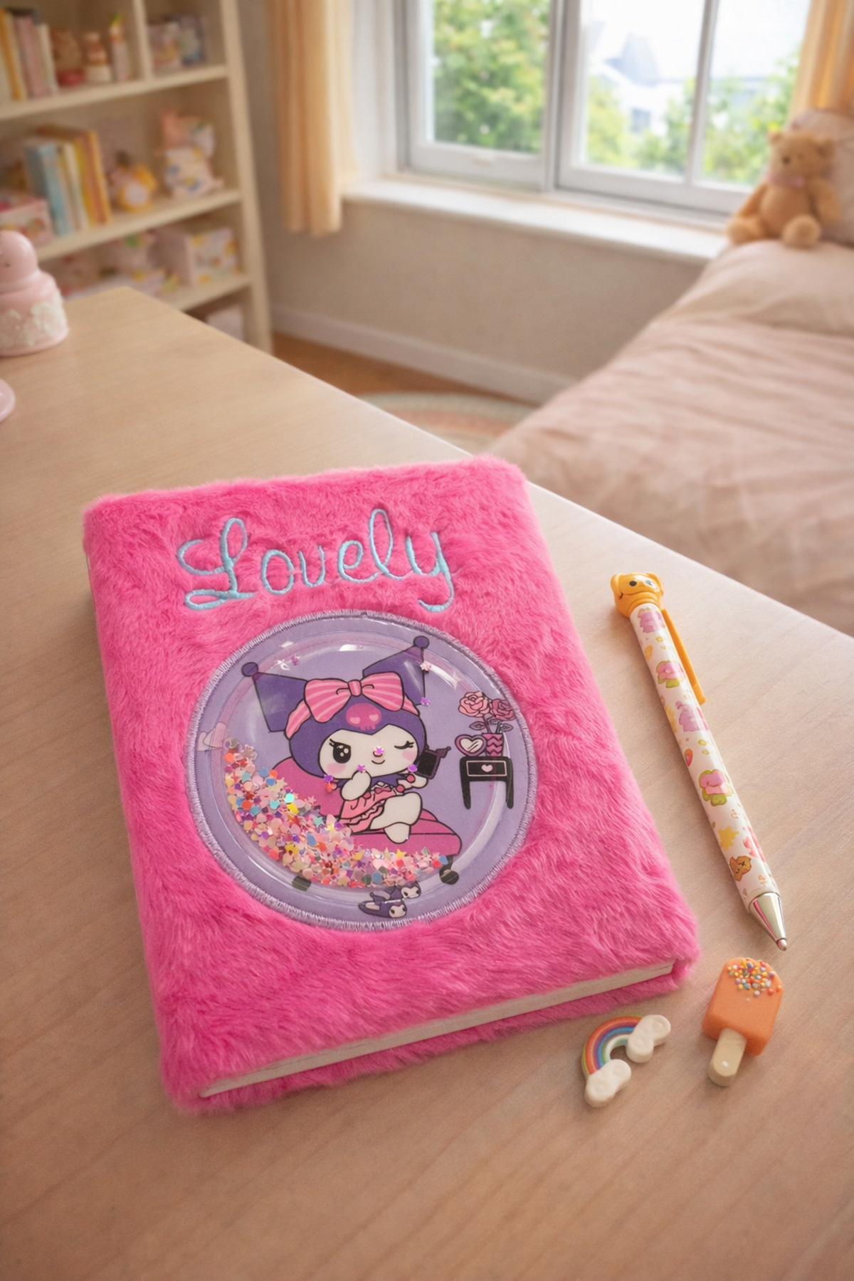 Pembe Peluş Lovely Mor Pullu Kuromi Çizgili Defter