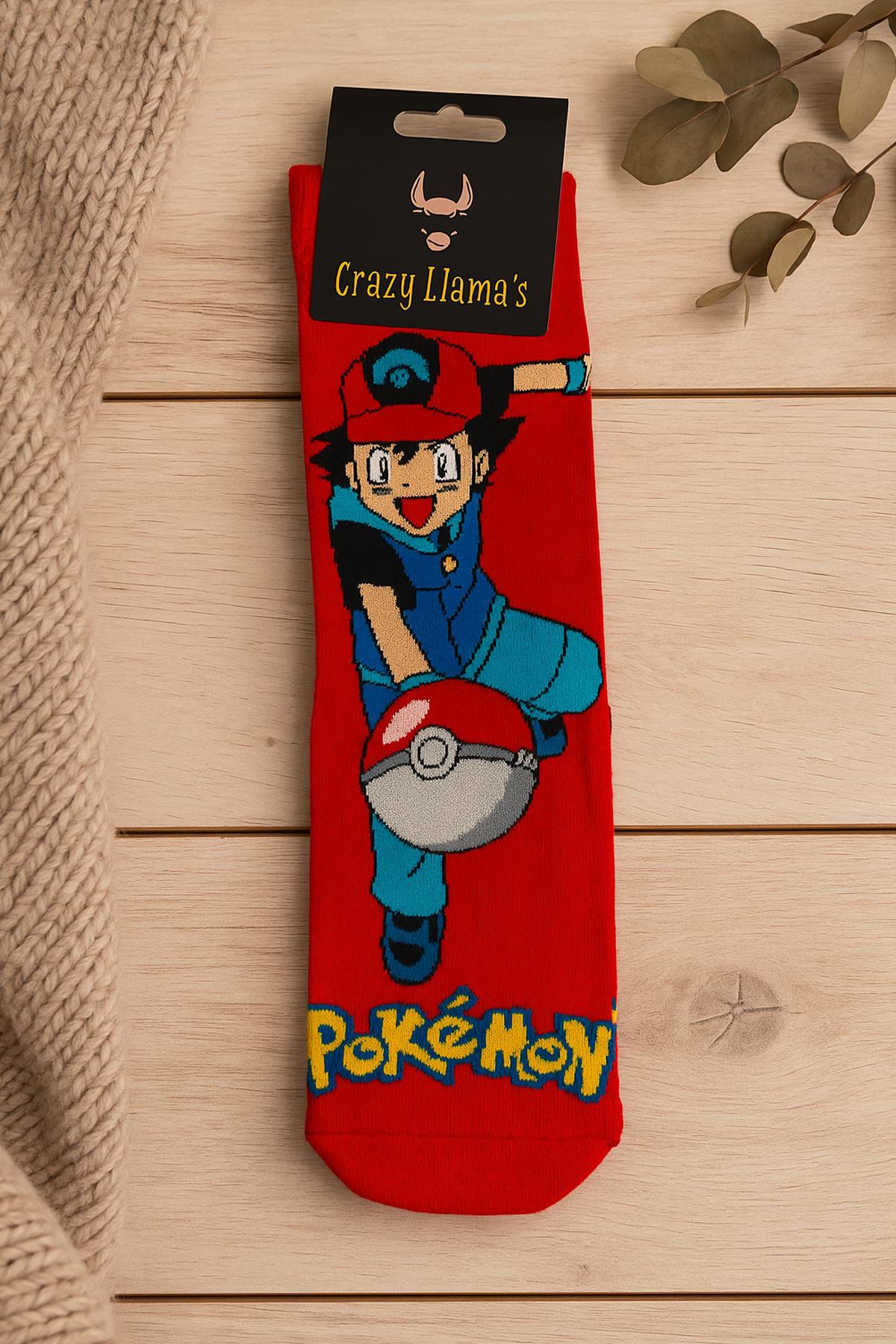 Pokemon Tam Boy Desen Kırmızı Çorap