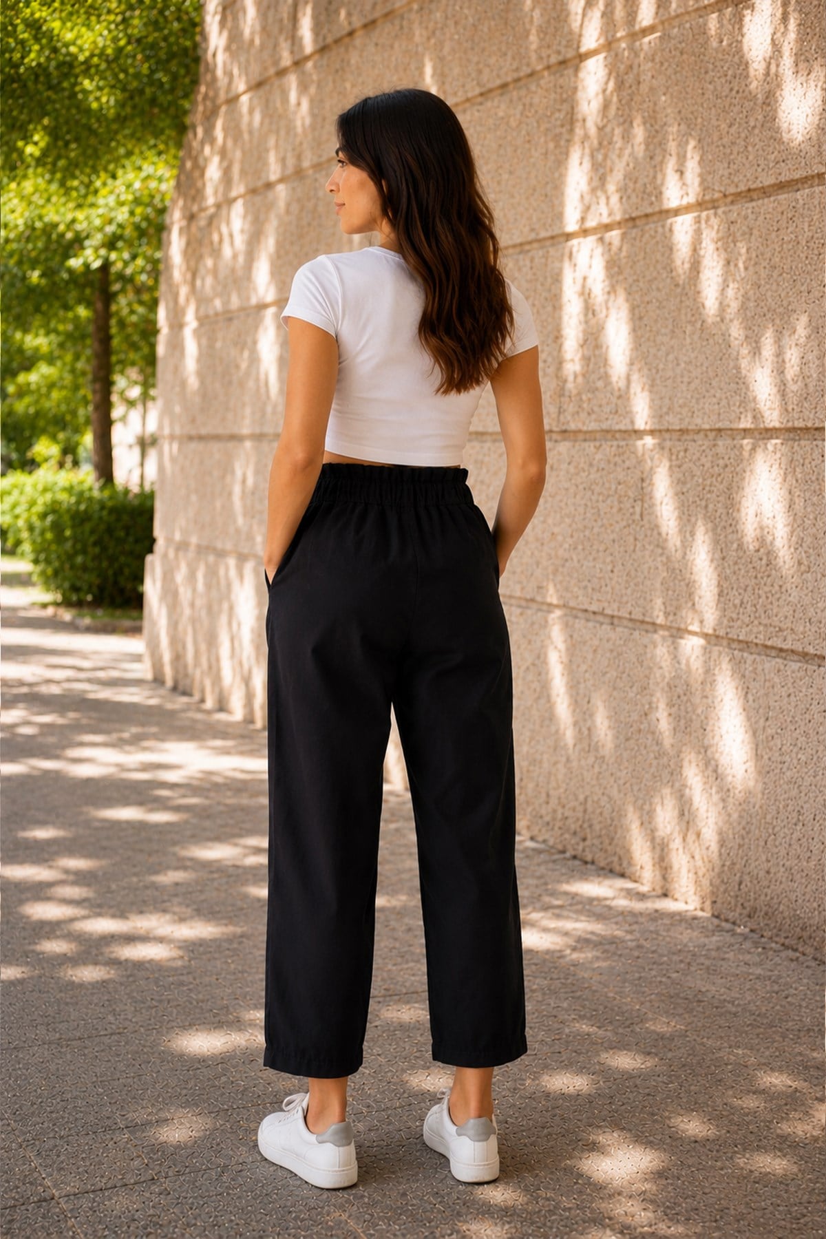 Siyah Beli Büzgülü Krep Pantolon L