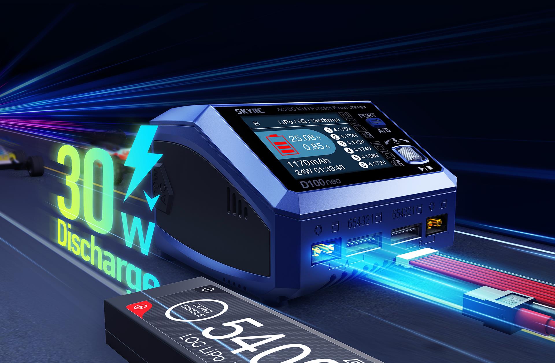 SkyRC D100 Neo Çift Kanallı AC/DC Şarj Cihazı 100W/200W 10A 6S