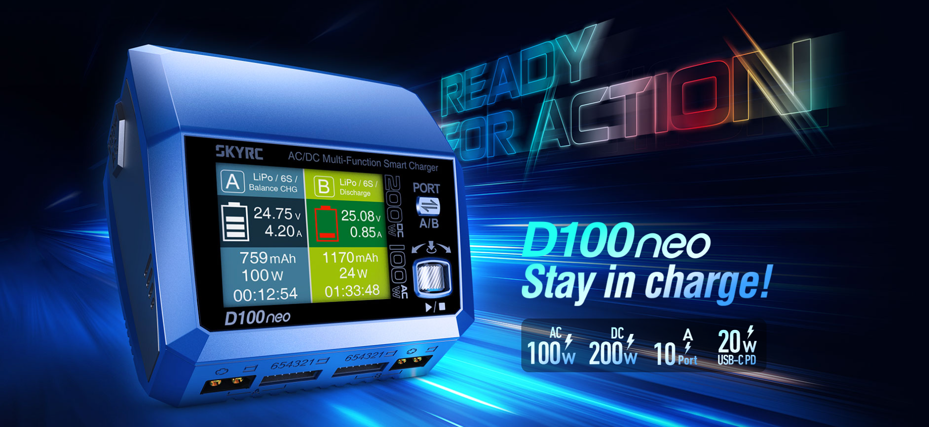 SkyRC D100 Neo Çift Kanallı AC/DC Şarj Cihazı 100W/200W 10A 6S