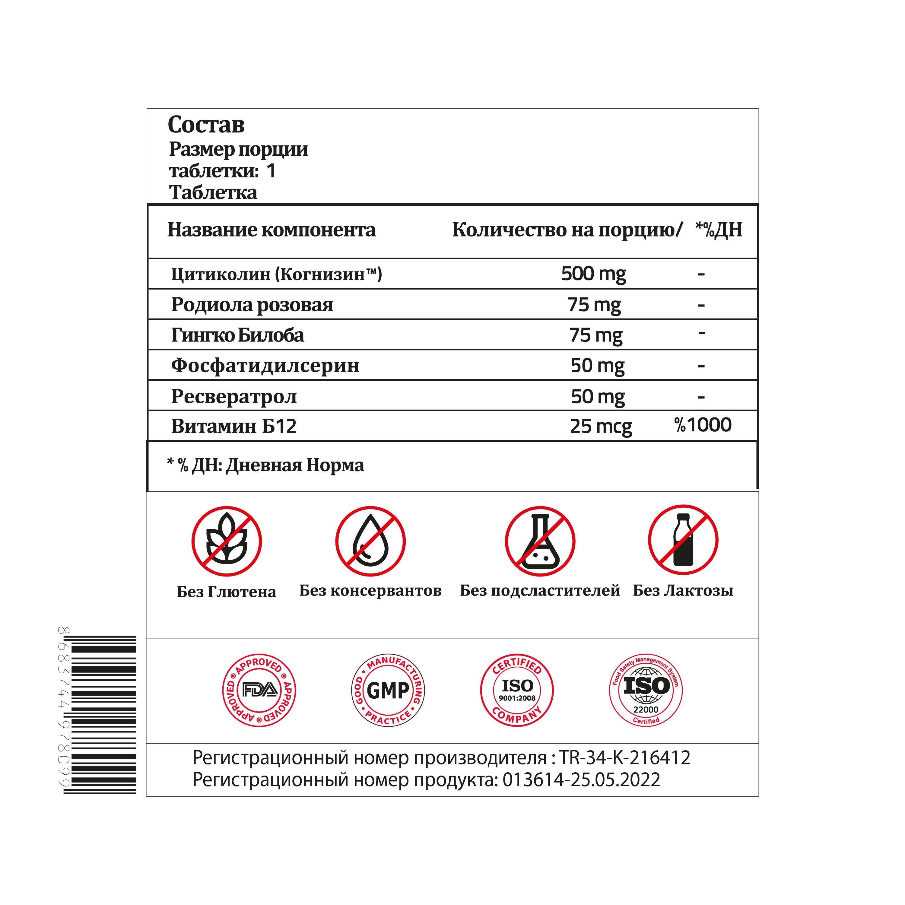  Validus Когнизин Цитиколин 500 мг 30 Tаблеток