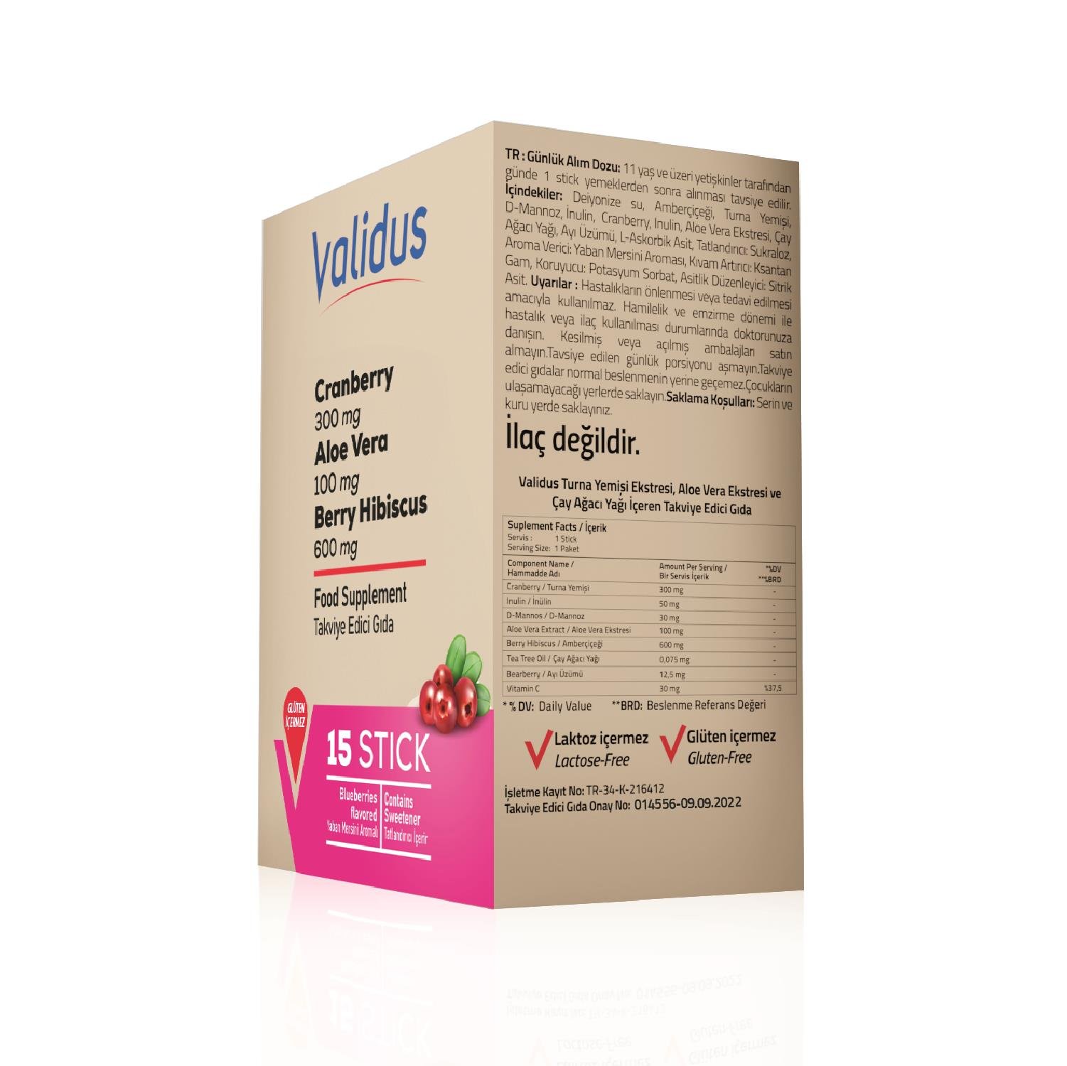 Validus Cranberry + Aloe Vera + Tea Tree + Hibiscus + Bearberry + D-Mannos 15 Sticks