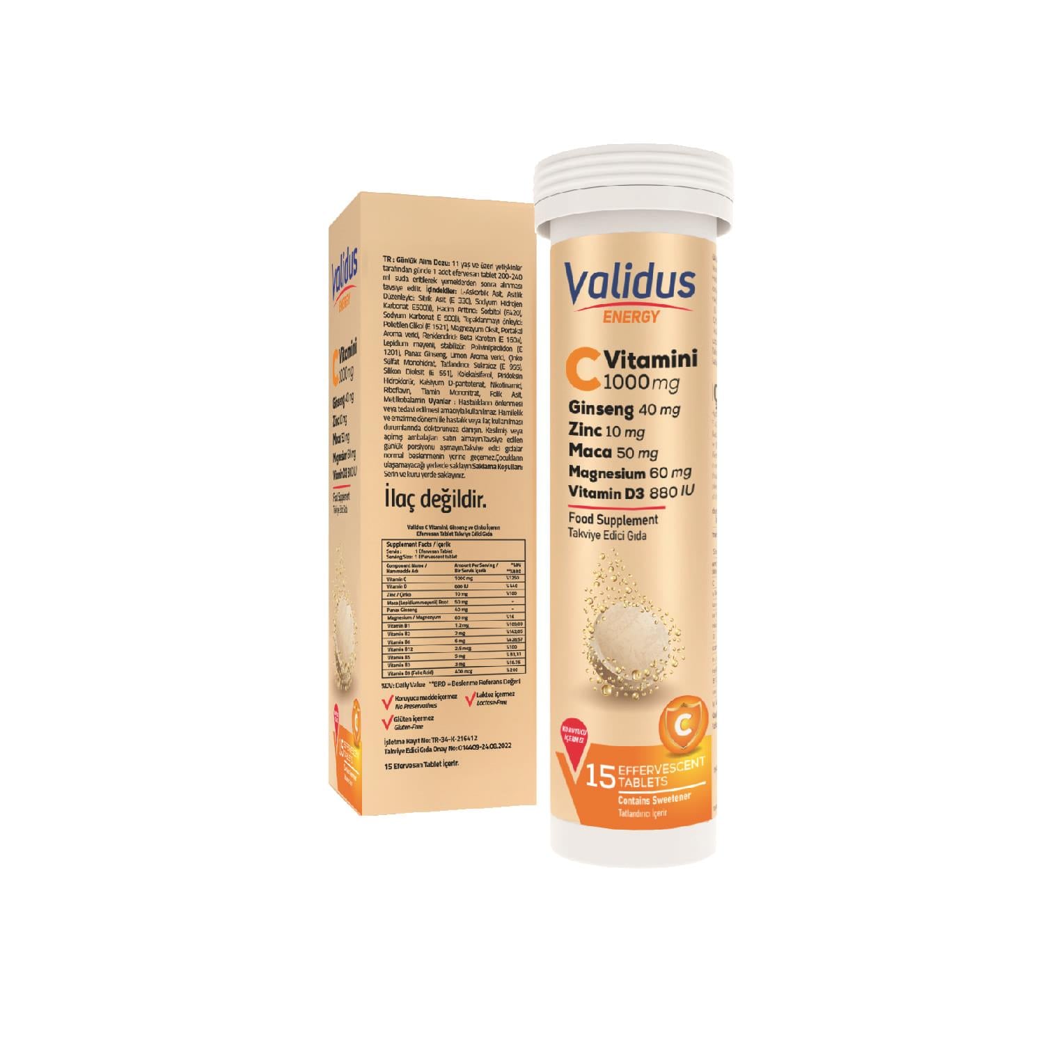Validus Energy Vitamin C 1000 Mg + Ginseng + Zinc + Maca + Vitamin D3 + Magnesium 15 Efervescent Tablets