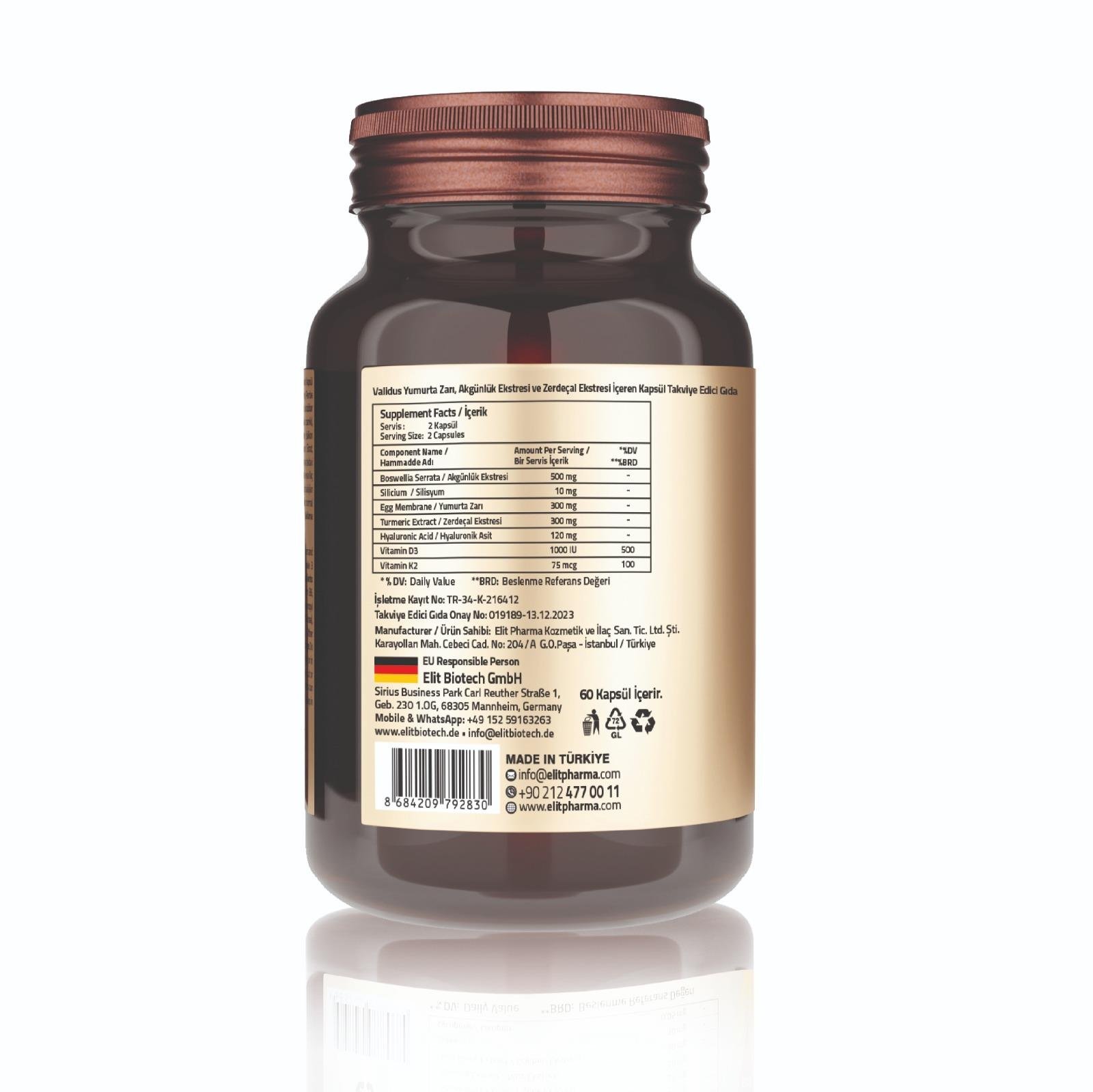 Validus Egg Membrane 300 mg + Boswellia Serrata 500 mg + Hyaluronic Acid 120 mg + Turmeric 300 mg 