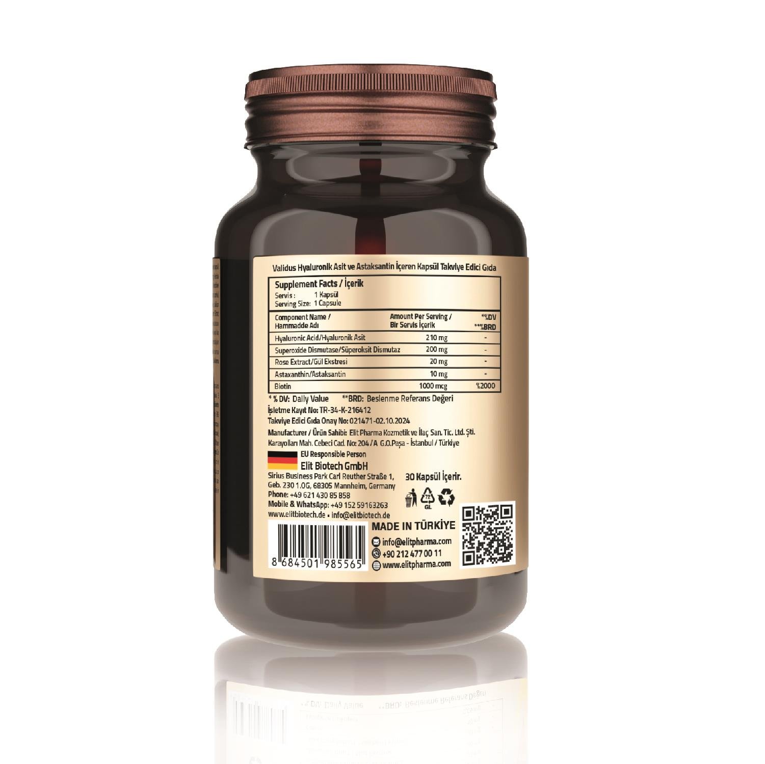 Validus Hyaluronic Acid 210 mg + Astaxanthin 10 mg 30 Capsules