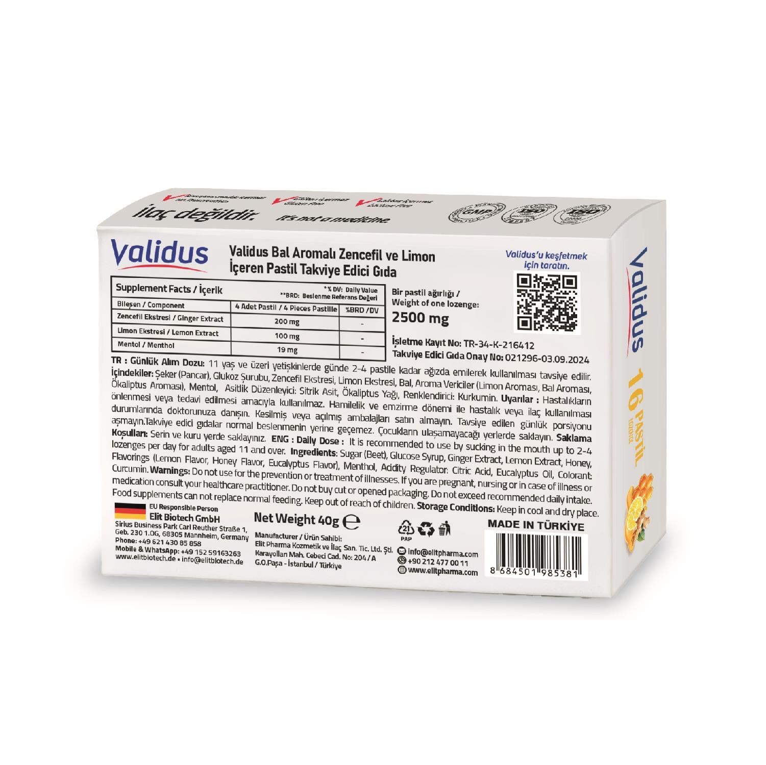 Validus Lemon + Ginger + Honey 16 Pastille