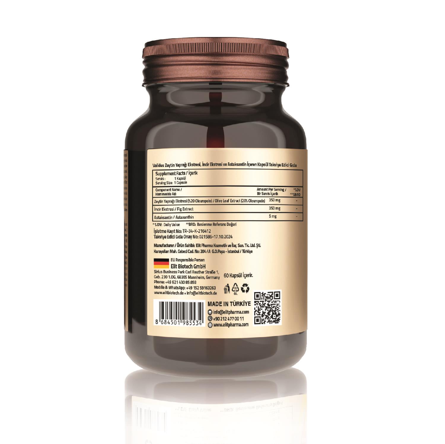 Validus Olive Leaf Extract 350 mg + Fig Extract 350 mg + Astaxanthin 5 mg 60 Capsules