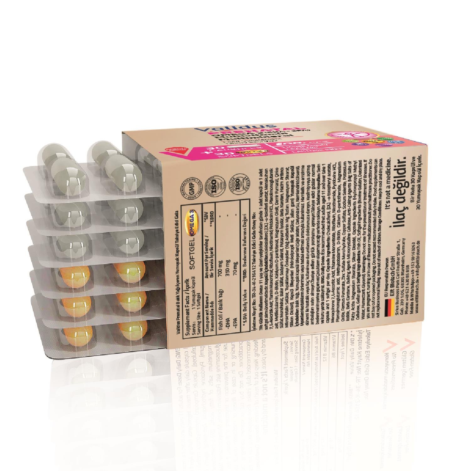Validus Prenatal 30 Capsules (Drcaps) + Omega 3 DHA 350 EPA 70 mg 30 Softgel Blister Set