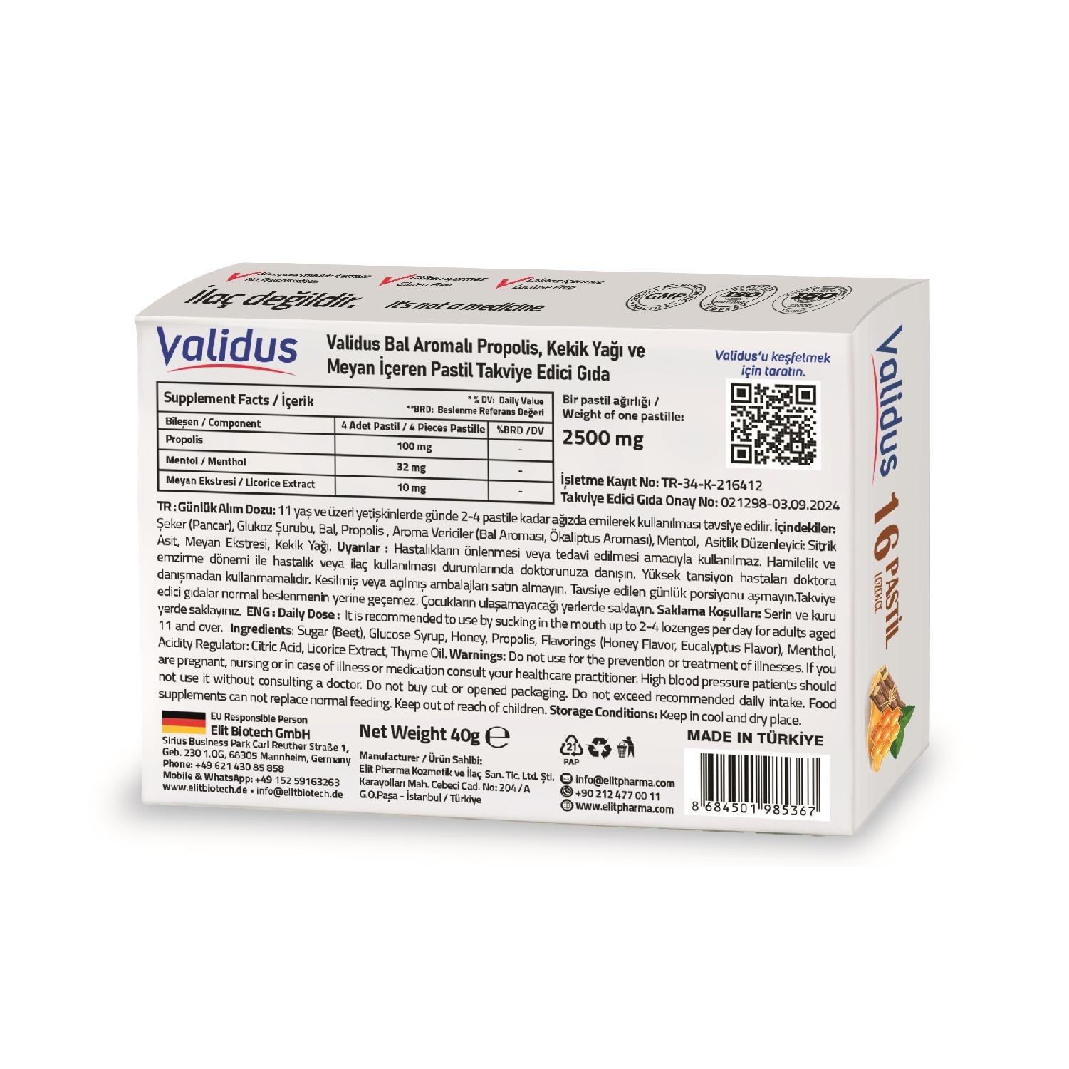 Validus Propolis+Thyme Oil+Licoerice+Honey 16 Pastille