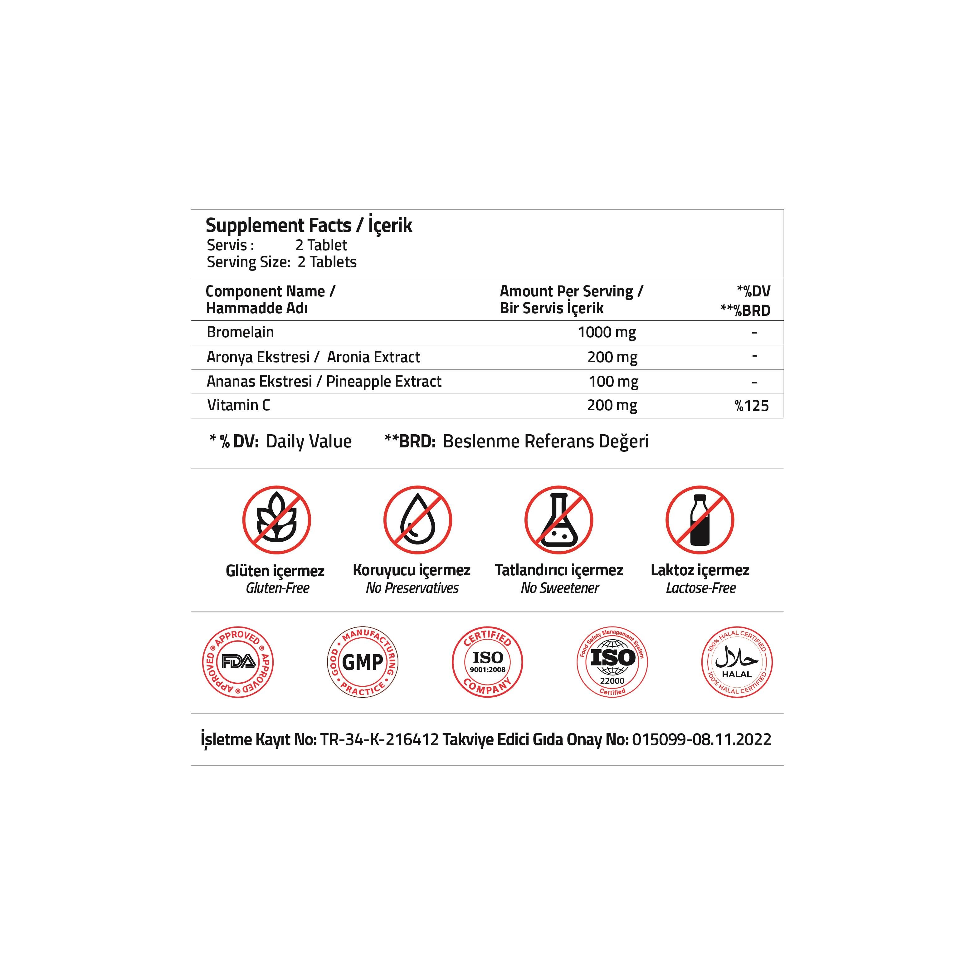 Bromelain 1000 Mg 2400 Gdu + Aronya 30 Tablet