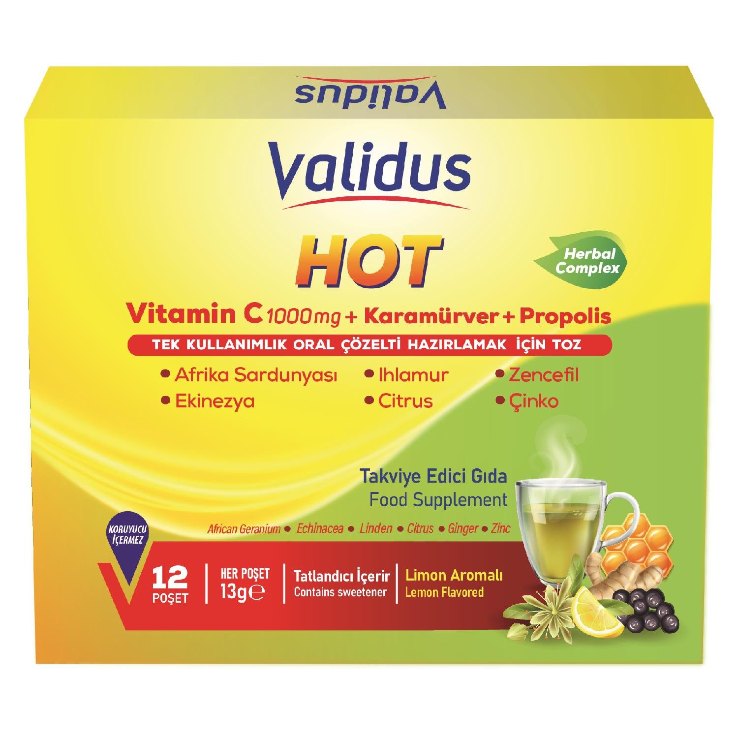 Hot Herbal Complex, Vitamin C 1000 Mg Karamürver 50 Mg Propolis 10 Mg 13gr 12 sachet