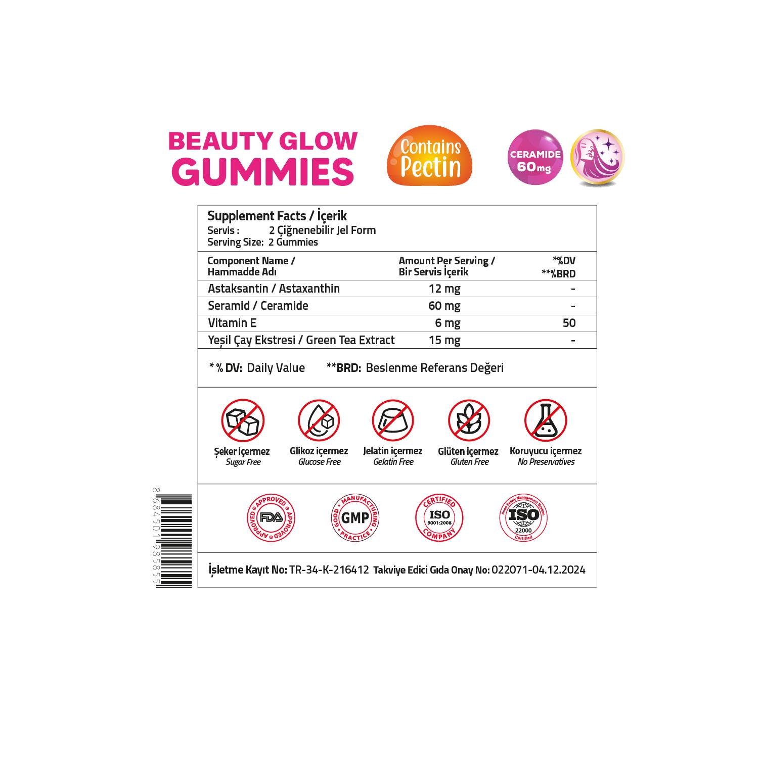 Validus Beauty Glow Astaxantin 40 mg + Seramid 30 mg+Vitamin E+ Green Tea 60 Gummies