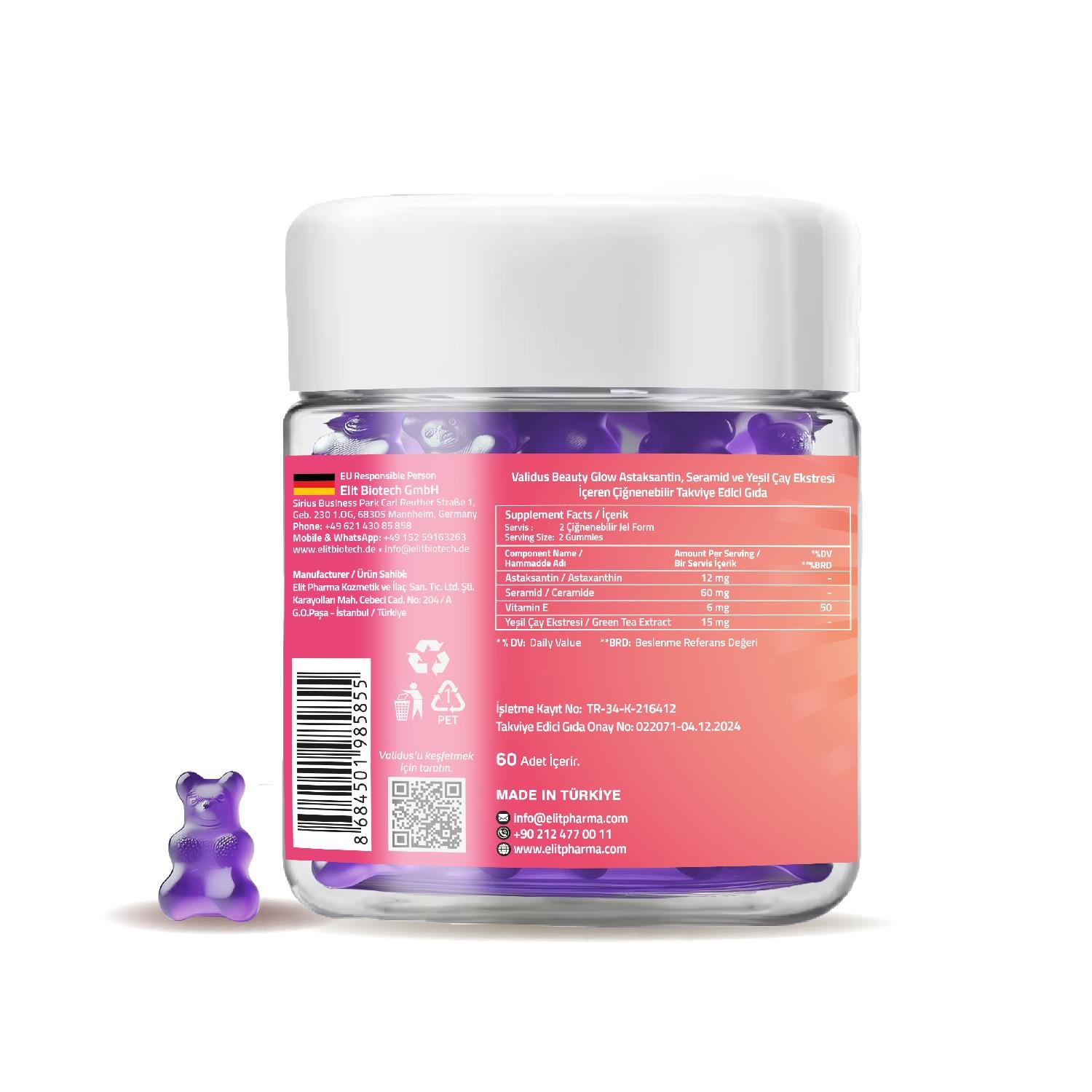 Validus Beauty Glow Astaxantin 40 mg + Seramid 30 mg+Vitamin E+ Green Tea 60 Gummies