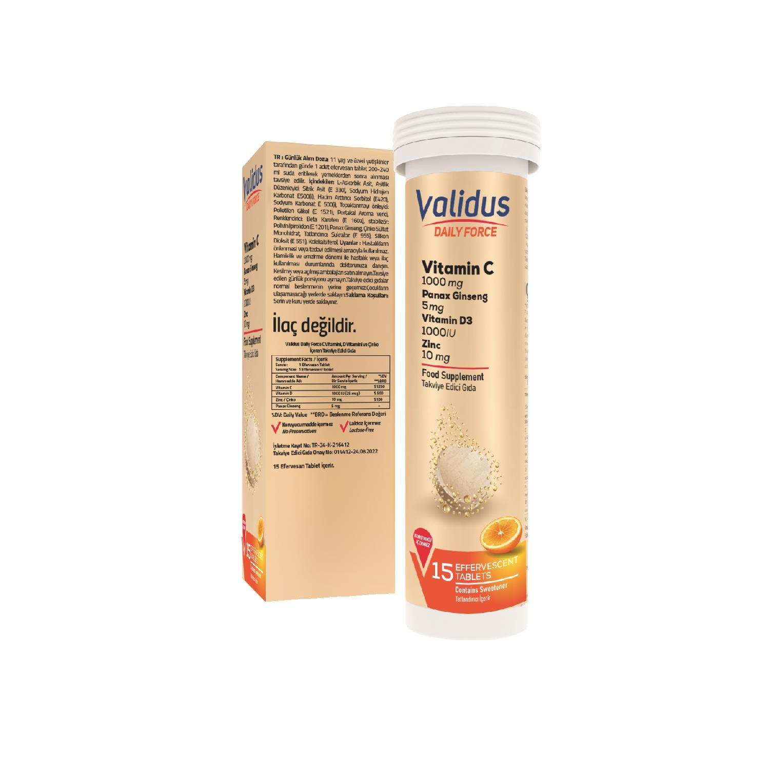 Validus Daily Force Vitamin C + Panax Ginseng + Zinc + Vitamin D3 15 Efervescent Tablets