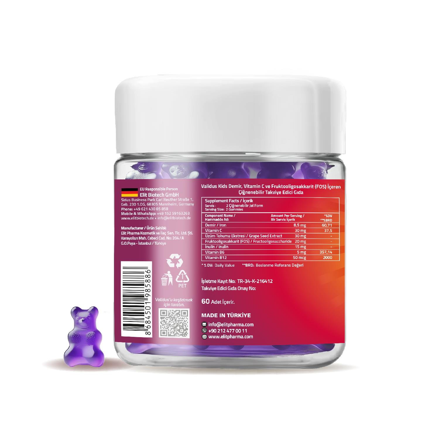 Validus Kids Iron+Vitamin C+ Vitamin B6-B12 + FOS 60 Gummies