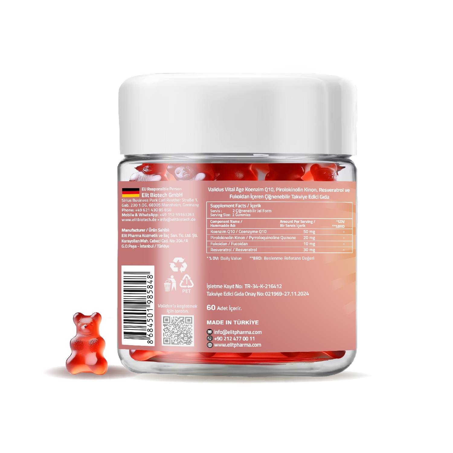 Validus Vital Age Lipozomal Coenzyme Q10+ PQQ + Resveratrol 60 Gummies