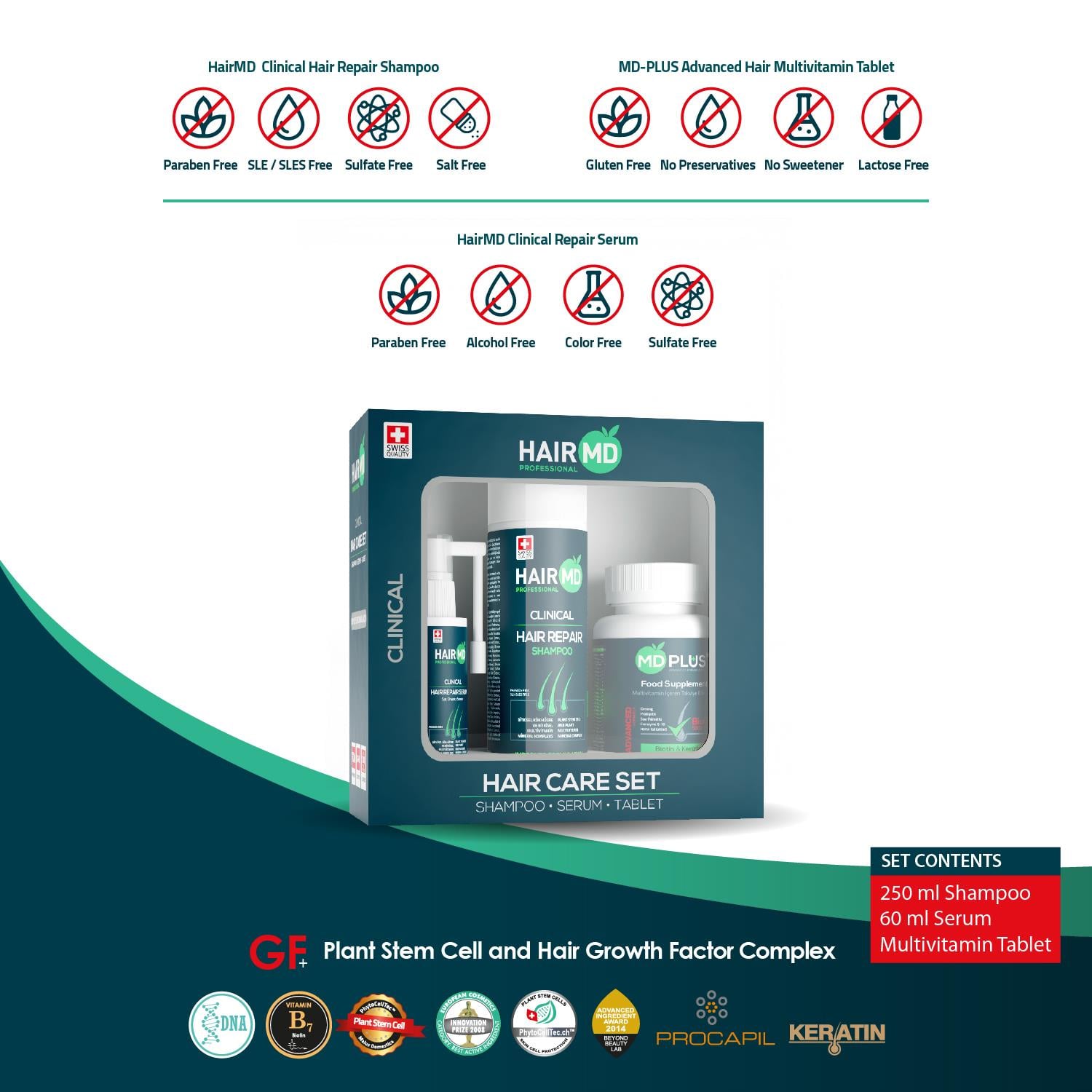 Hairmd Clinical Hair Repair Set 1 Months Use (1 Shampoo 250 Ml  + 1 Tablet + 1 Serum)