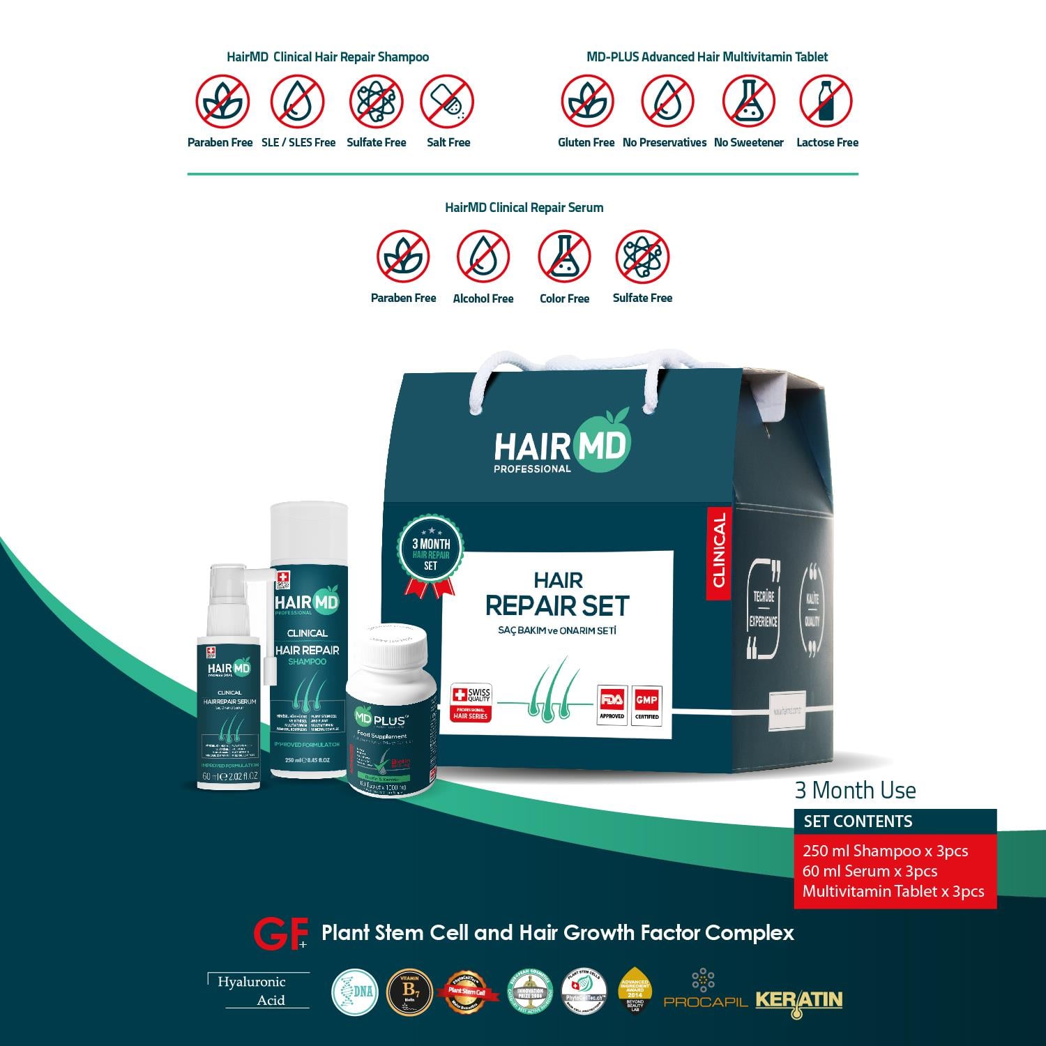 Hairmd Clinical Hair Repair Set 3 Months Use (3 Shampoo 250 Ml  +  3 Serum + 3 Tablet)