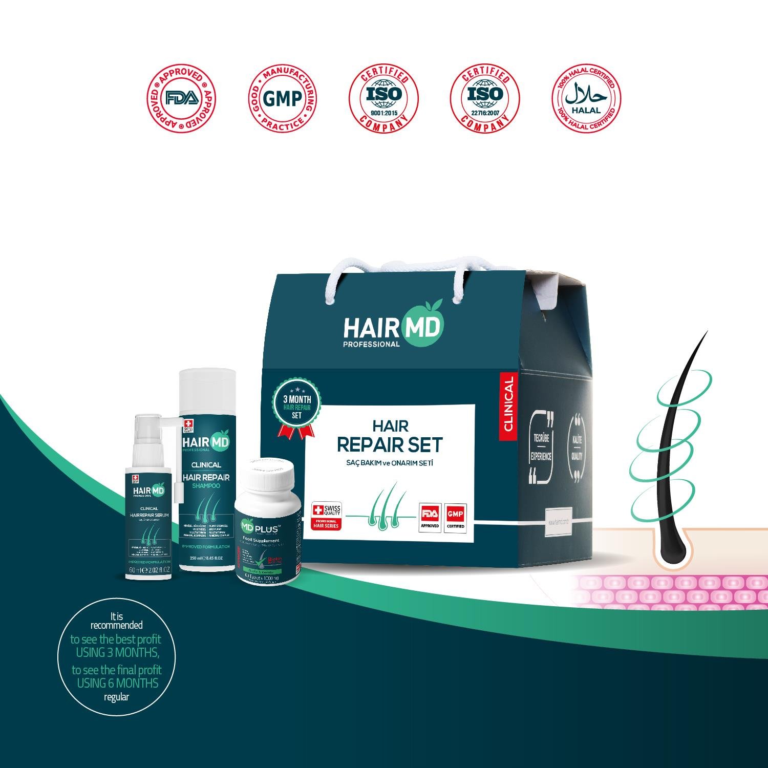 Hairmd Clinical Hair Repair Set 3 Months Use (3 Shampoo 250 Ml  +  3 Serum + 3 Tablet)