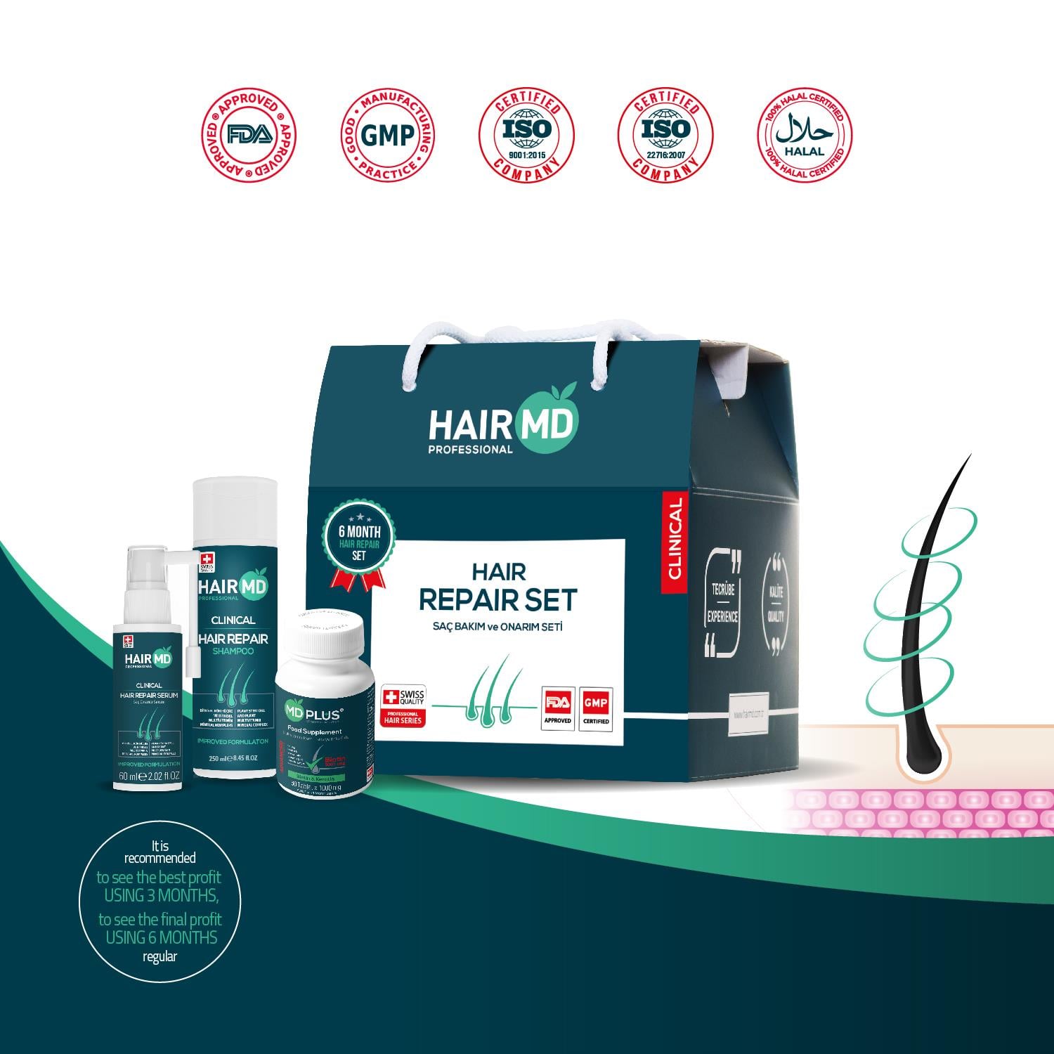 Hairmd Clinical Hair Repair Set 6 Months Use (6 Shampoo 250 Ml  + 6 Serum + 6 Tablet)