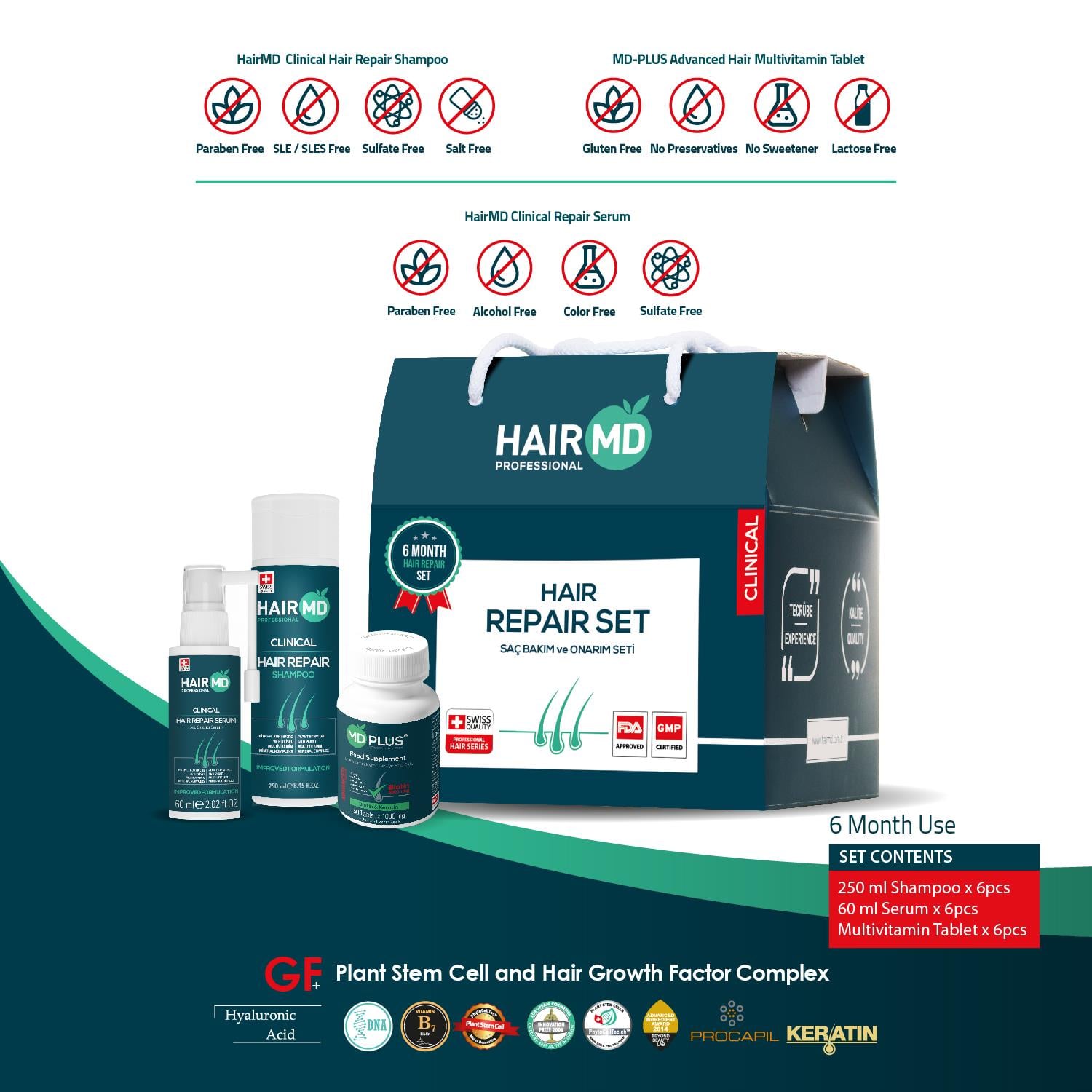 Hairmd Clinical Hair Repair Set 6 Months Use (6 Shampoo 250 Ml  + 6 Serum + 6 Tablet)