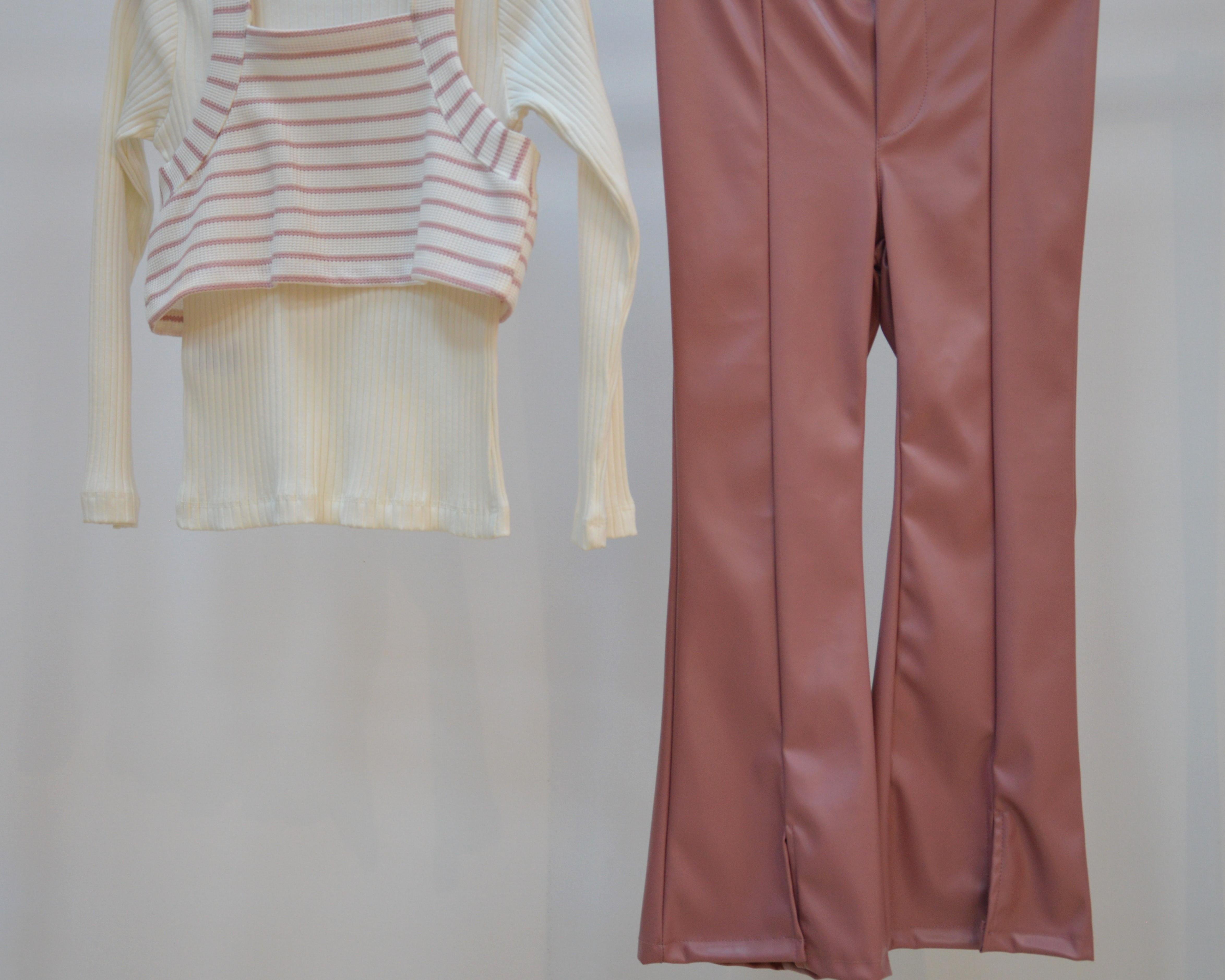 KIZ ÇOCUK DERİ İSPANYOL PANTOLONLU TAKIM  FİTİLLİ BADİ CROP İLE 3LÜ SET