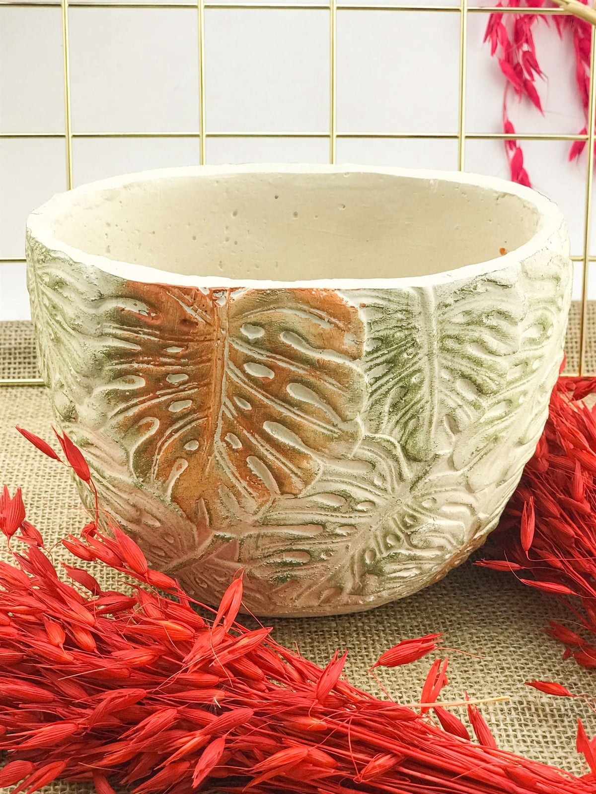 Monstera Desenli Elips Beton Saksı