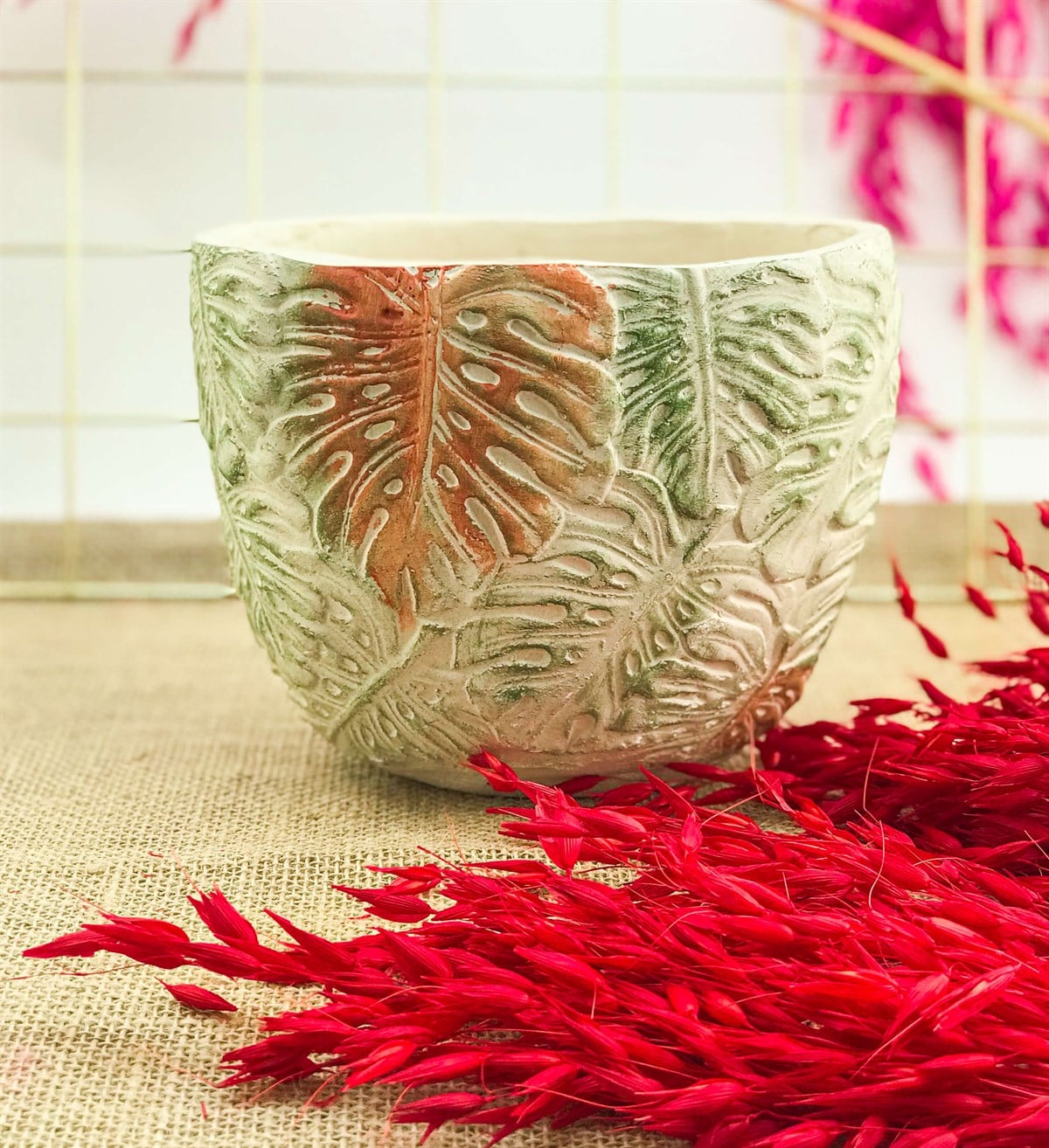 Monstera Desenli Elips Beton Saksı