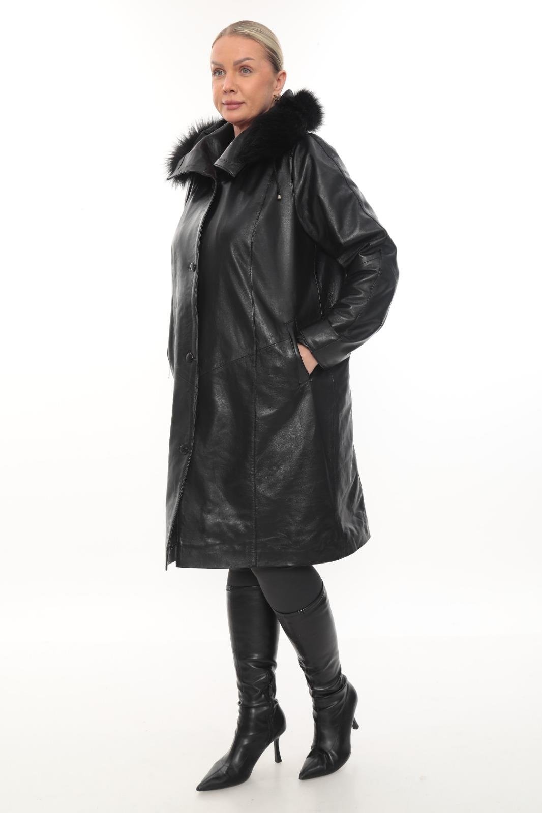  Tüylü Kapişonlu Rahat Kesim Uzun Deri Mont  Siyah Renk 
