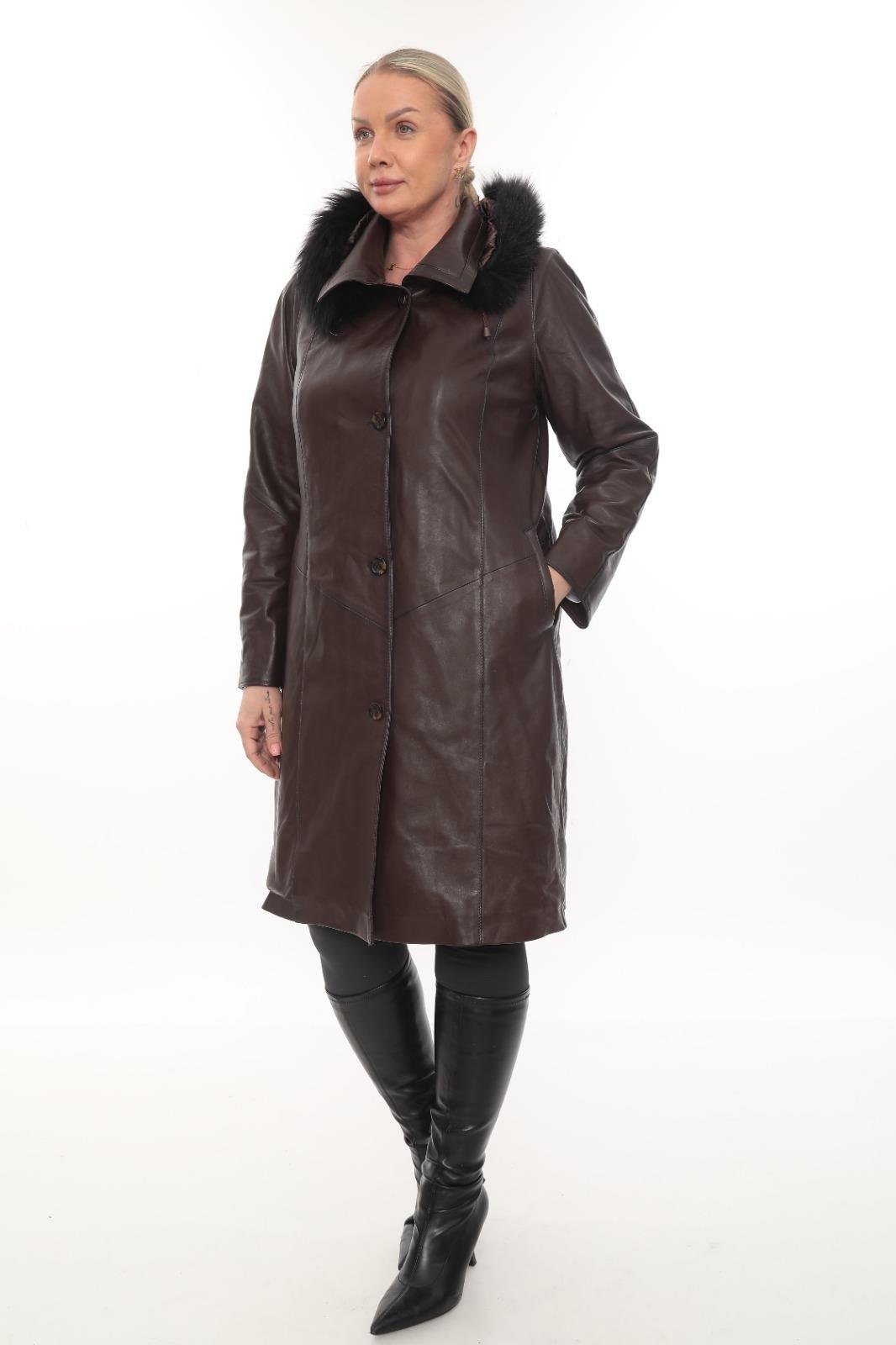  Tüylü Kapişonlu Rahat Kesim Uzun Deri Mont Fındık Renk 