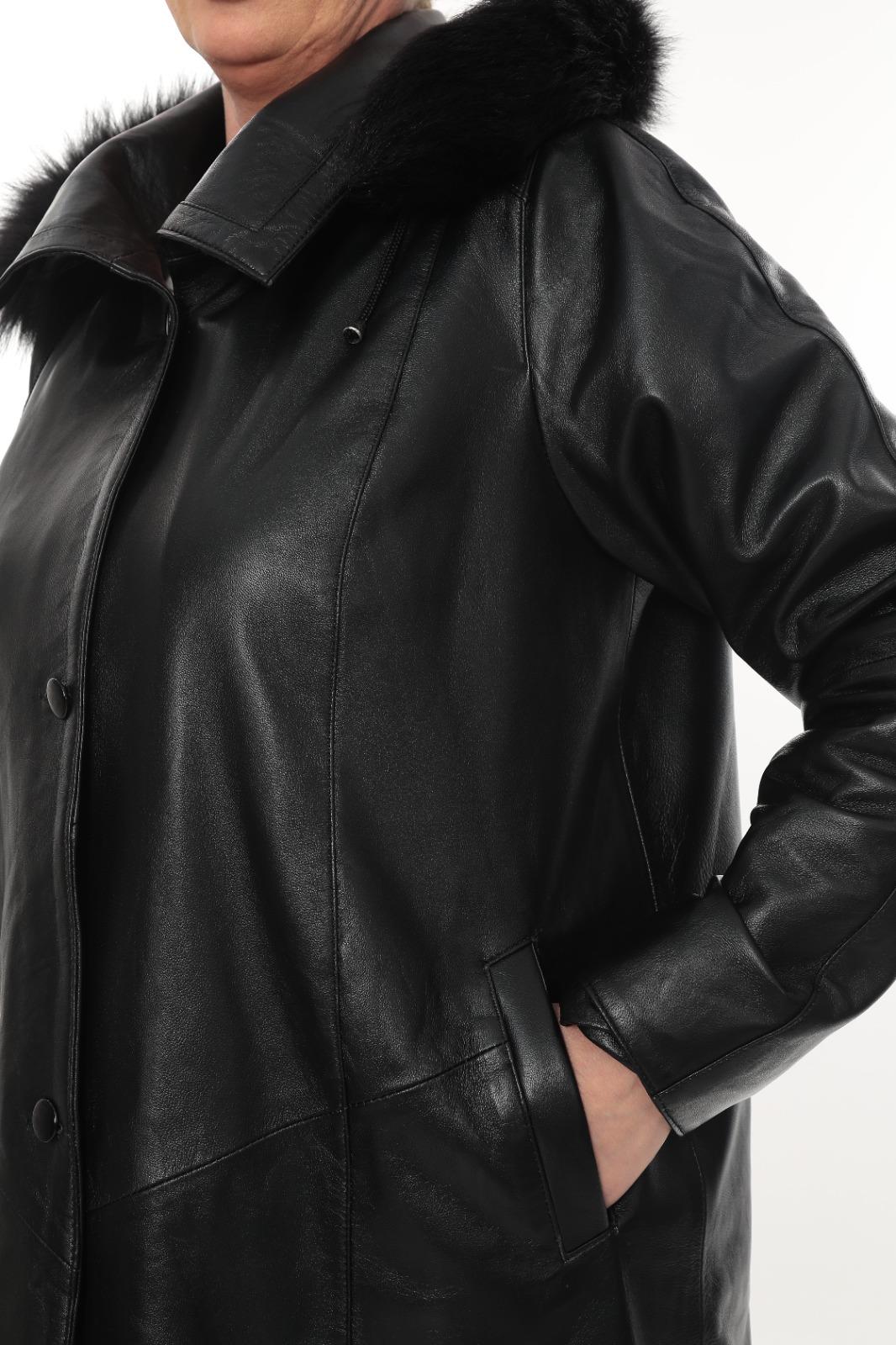  Tüylü Kapişonlu Rahat Kesim Uzun Deri Mont  Siyah Renk 