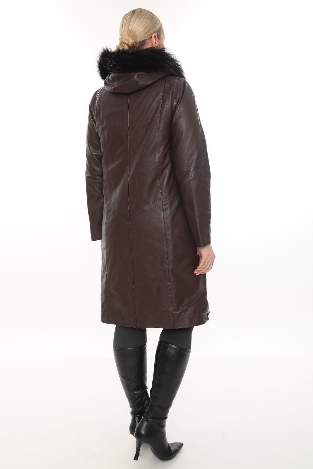  Tüylü Kapişonlu Rahat Kesim Uzun Deri Mont Fındık Renk 