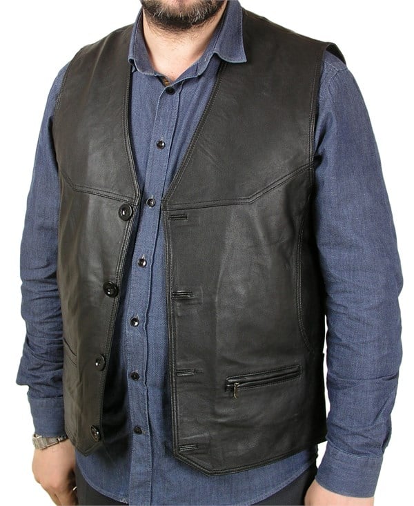 önü düğmeli yandan cepli erkek deri yelek