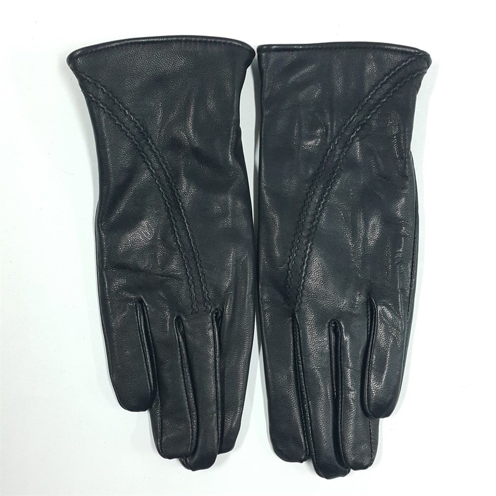 Bayan Deri Eldiven Siyah Renk Çift Dikişli Polarlı