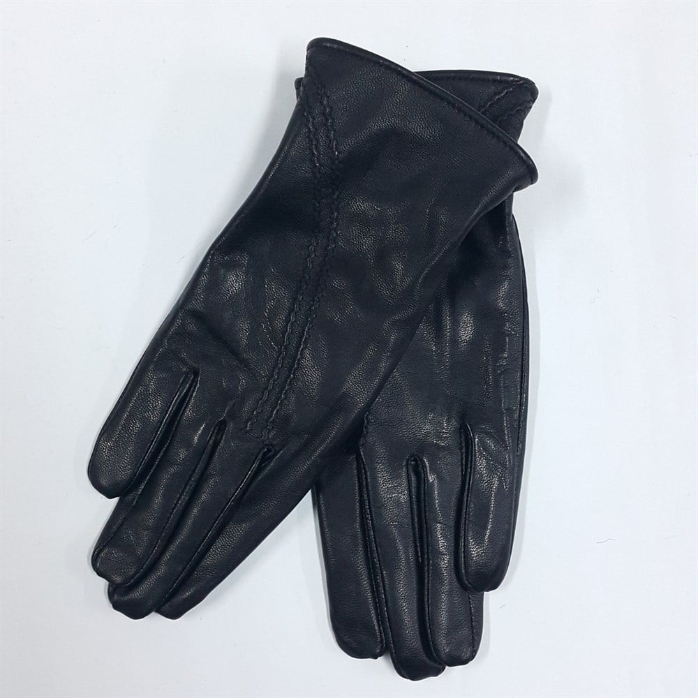 Bayan Deri Eldiven Siyah Renk Çift Dikişli Polarlı