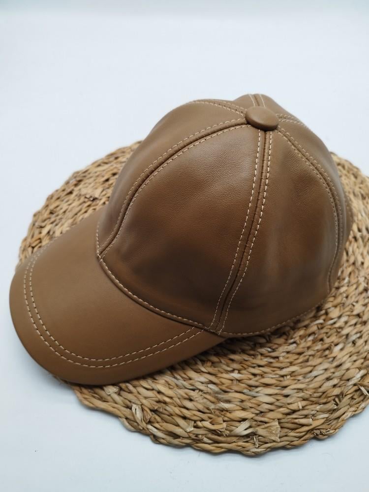 Camel Renk Deri Unisex Şapka