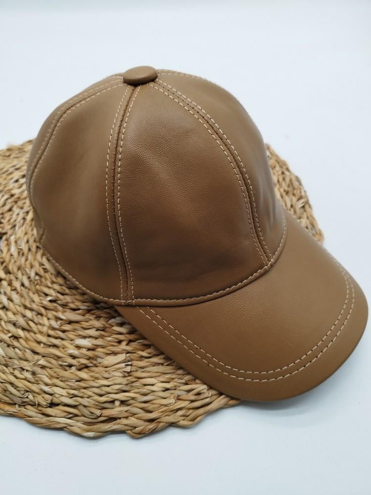Camel Renk Deri Unisex Şapka