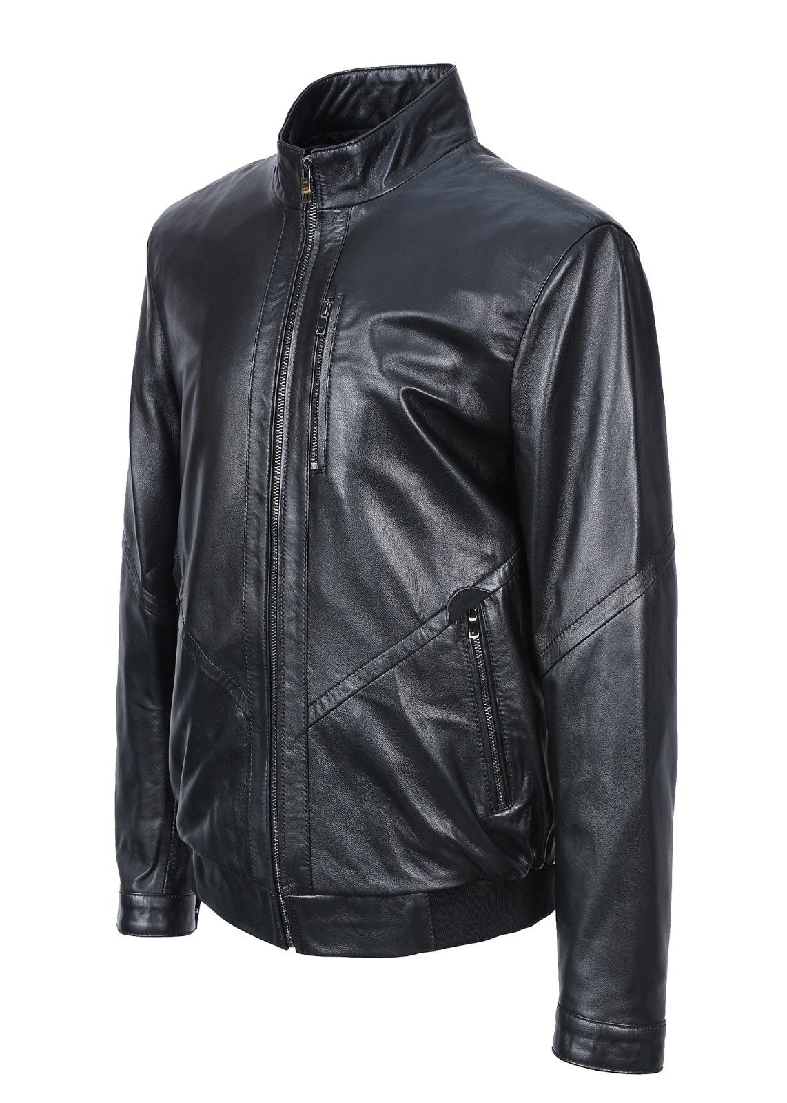 Çapraz Dikişli Fermuar Detaylı Erkek Deri Mont Siyah Renk