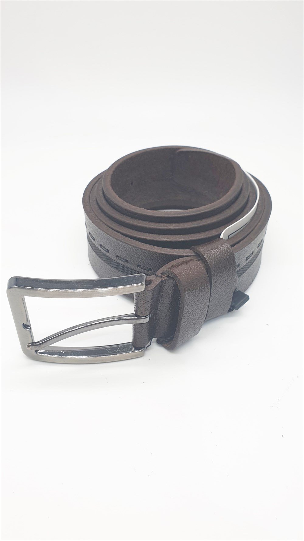 Çizgili Kayış Detaylı Koyu Kahve Renk Erkek Klasik Kemer