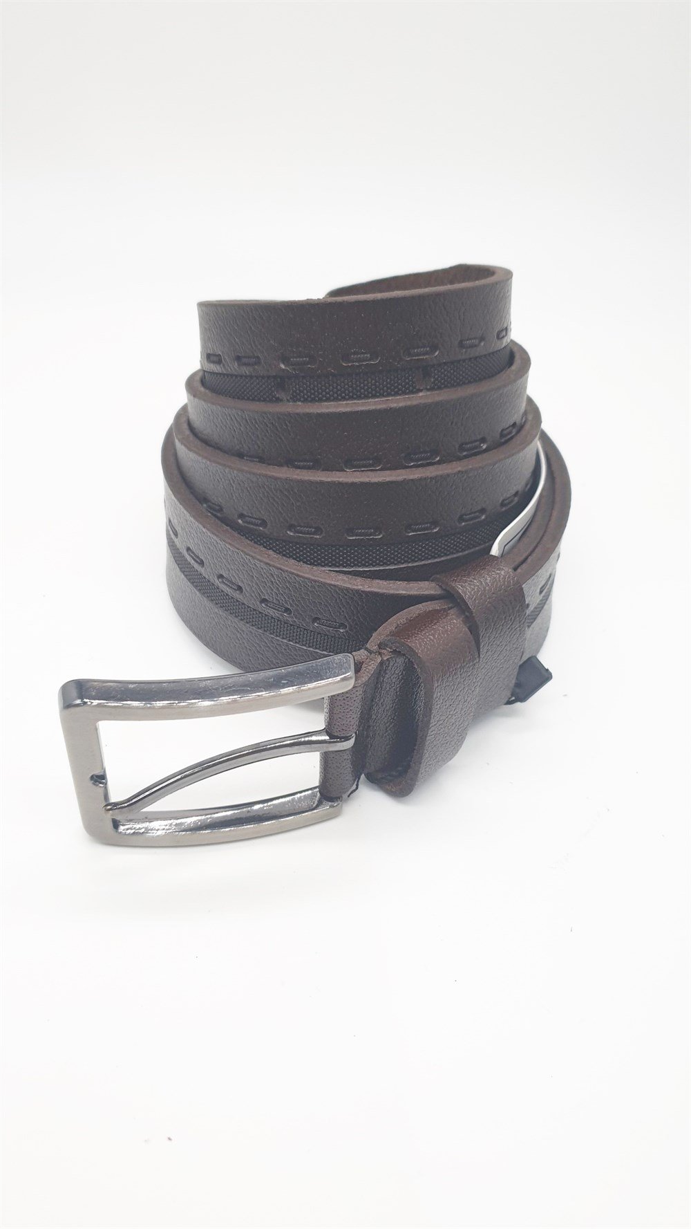 Çizgili Kayış Detaylı Koyu Kahve Renk Erkek Klasik Kemer