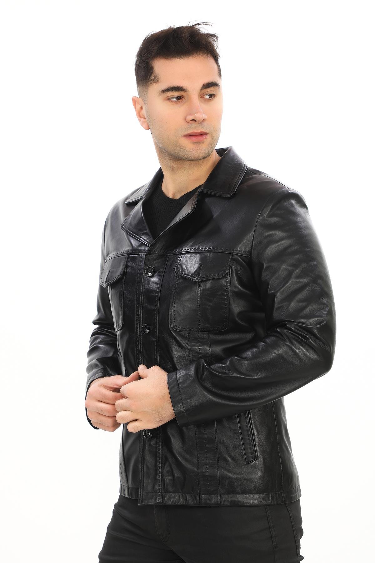 Dört Cepli Safari Model Düğmeli Deri Çeket Siyah Renk