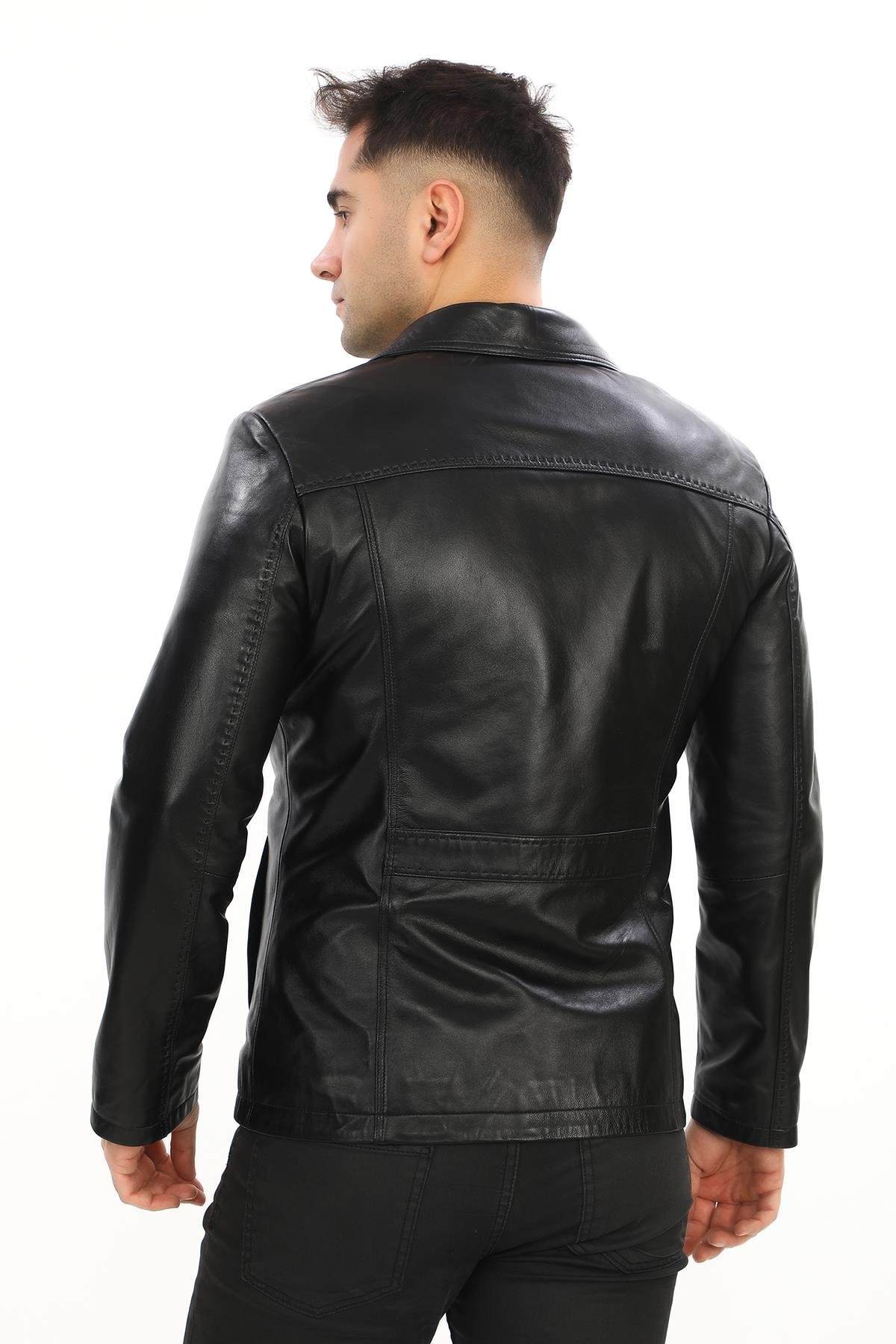 Dört Cepli Safari Model Düğmeli Deri Çeket Siyah Renk