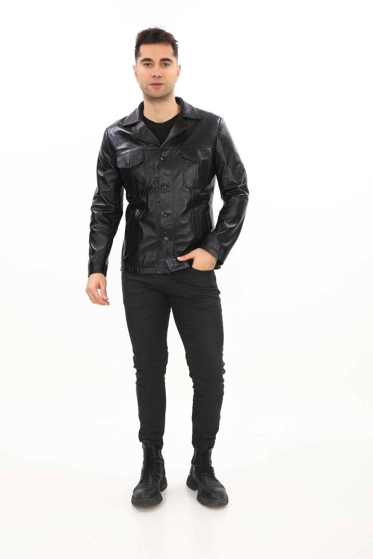 Dört Cepli Safari Model Düğmeli Deri Çeket Siyah Renk