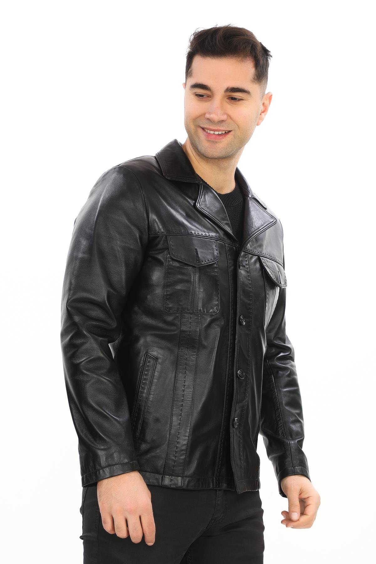 Dört Cepli Safari Model Düğmeli Deri Çeket Siyah Renk