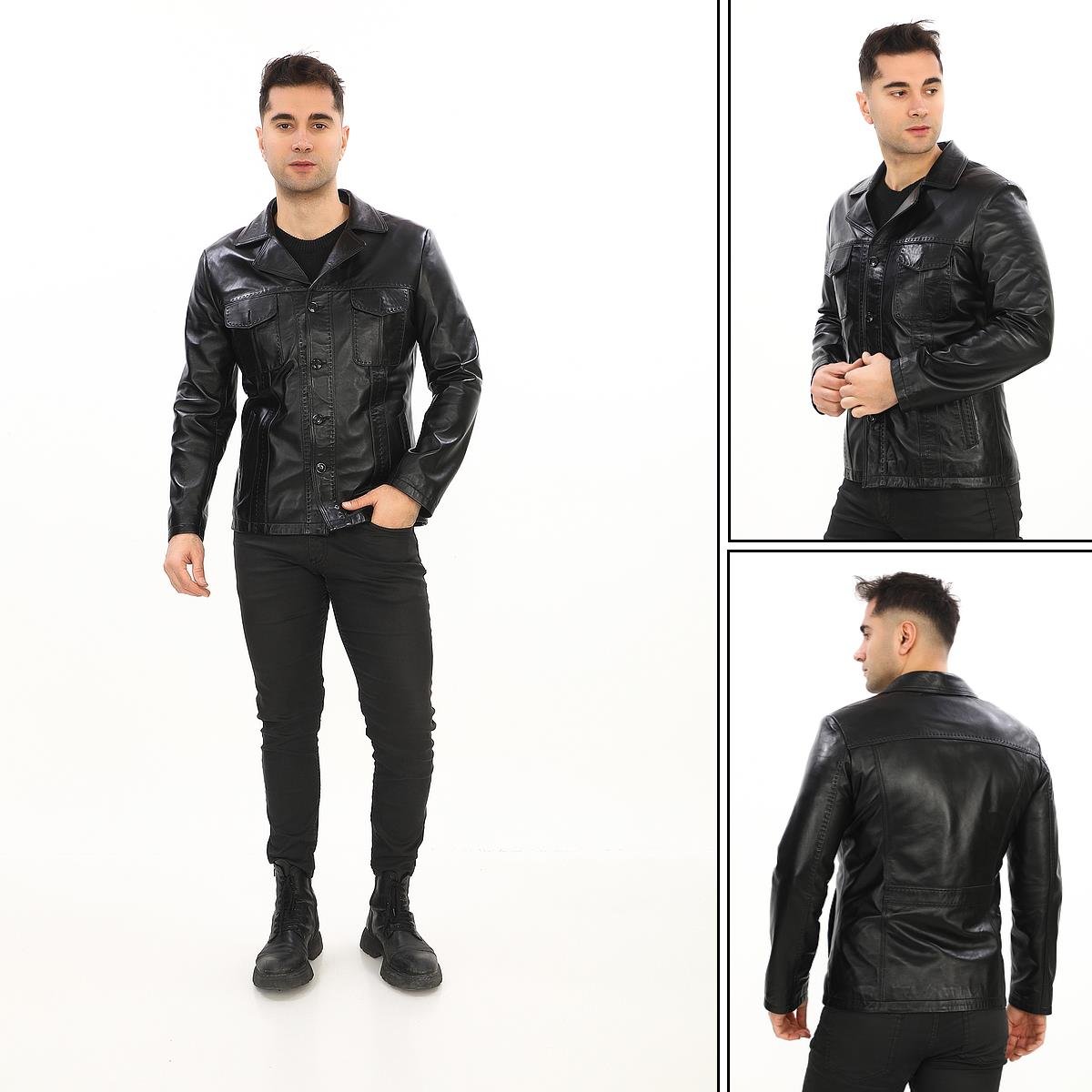 Dört Cepli Safari Model Düğmeli Deri Çeket Siyah Renk