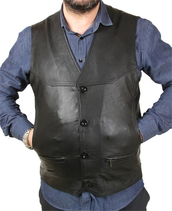 önü düğmeli yandan cepli erkek deri yelek