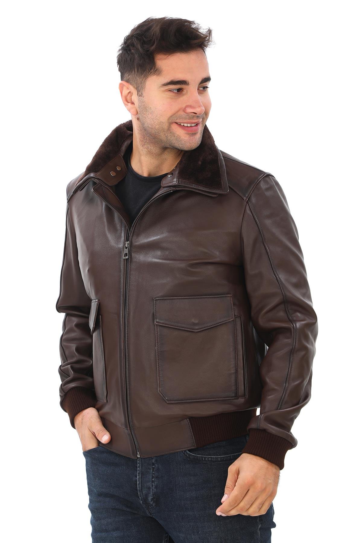 Fındık Renk Yakası Peluşlu Model Deri Mont 