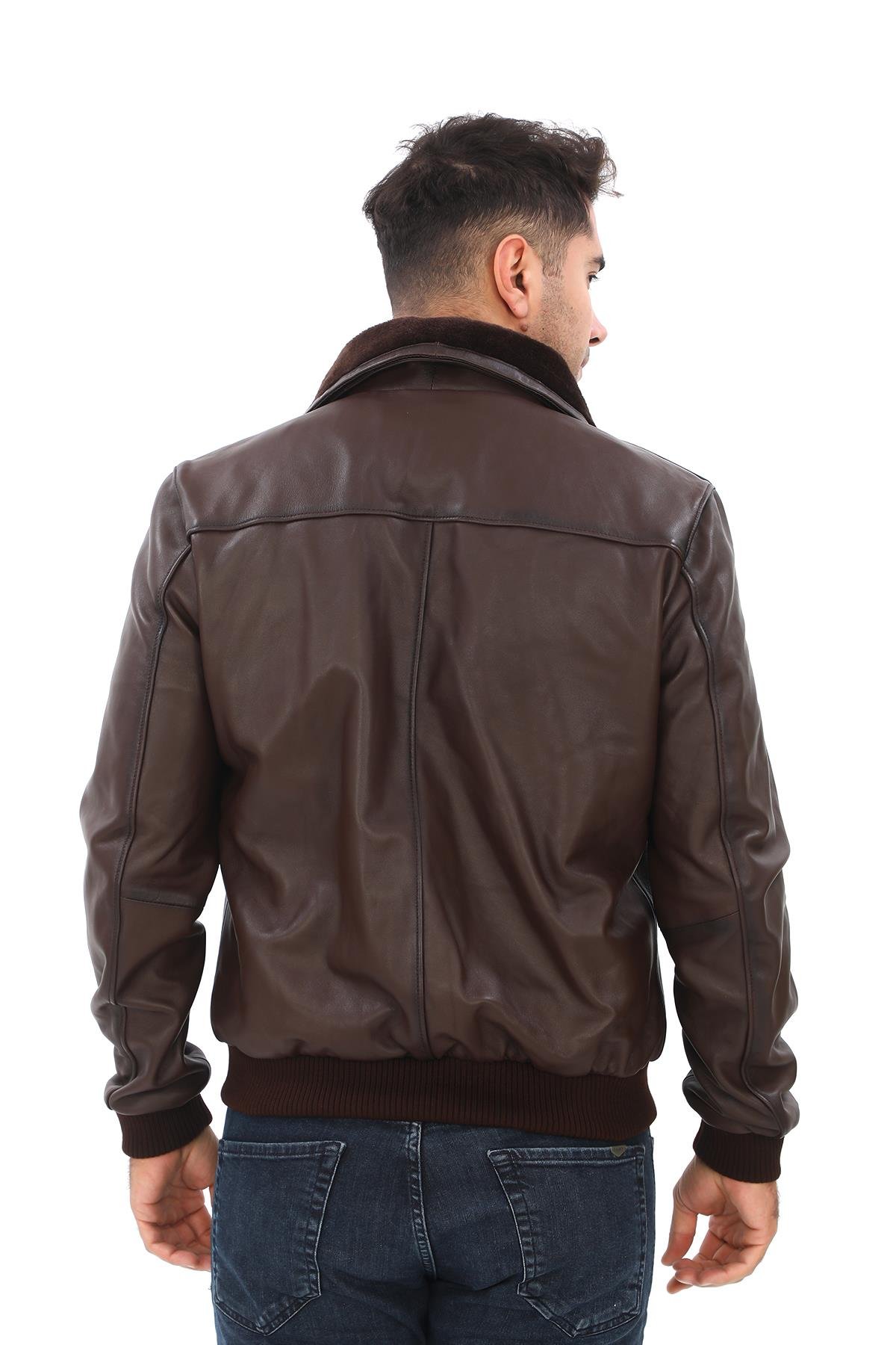 Fındık Renk Yakası Peluşlu Model Deri Mont 