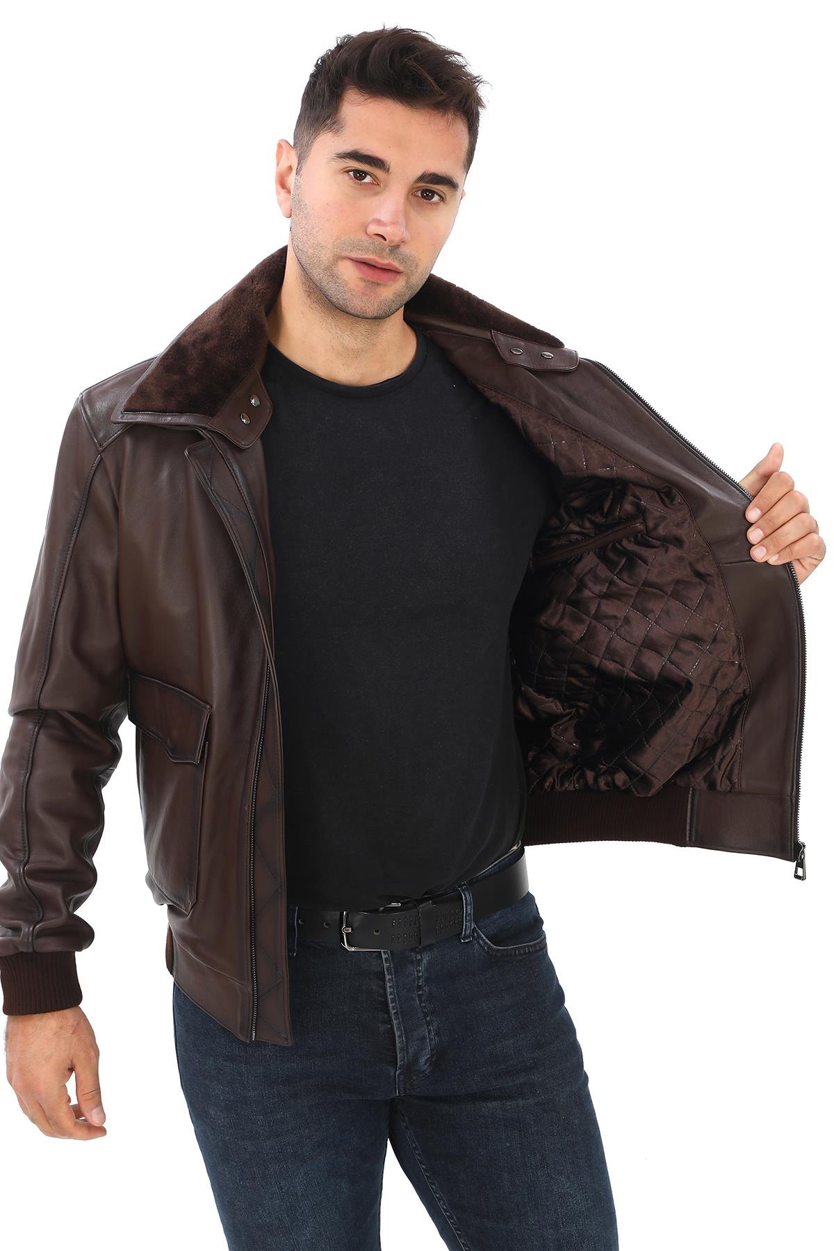 Fındık Renk Yakası Peluşlu Model Deri Mont 